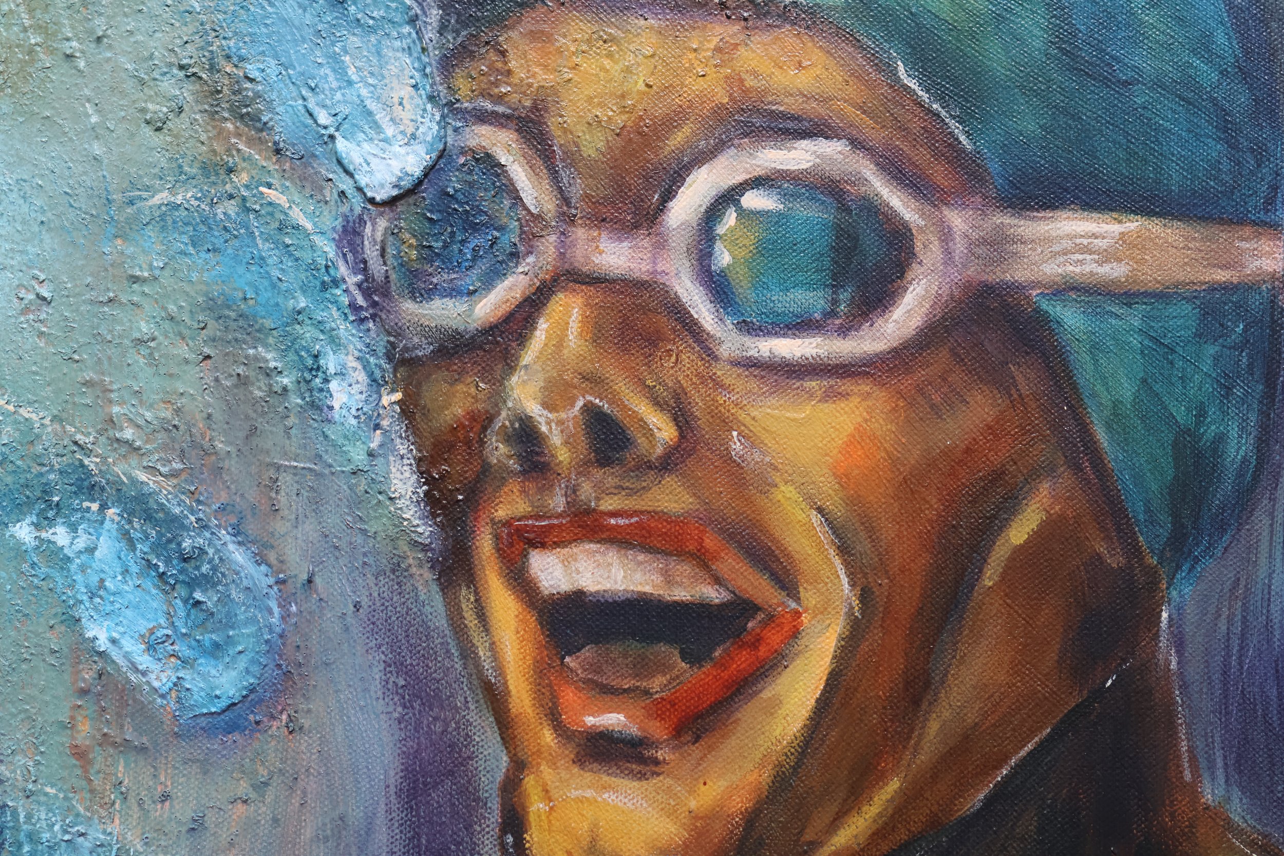 Detail Acrylgemälde Erwins Schwimmer-Montur., figurative Malerei – Sonia Gonze Nürnberg
