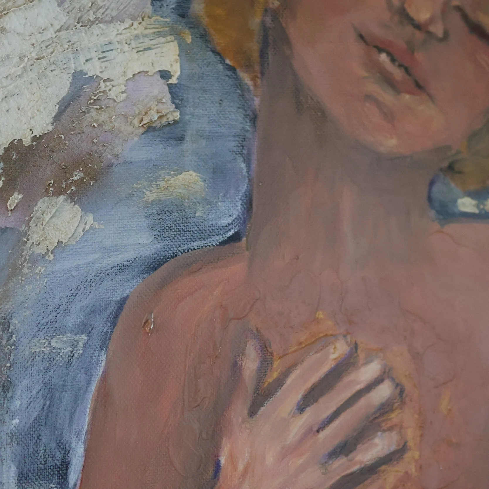 Ölgemälde eines Menschen mit Hand auf der Brust, blauer Hintergrund