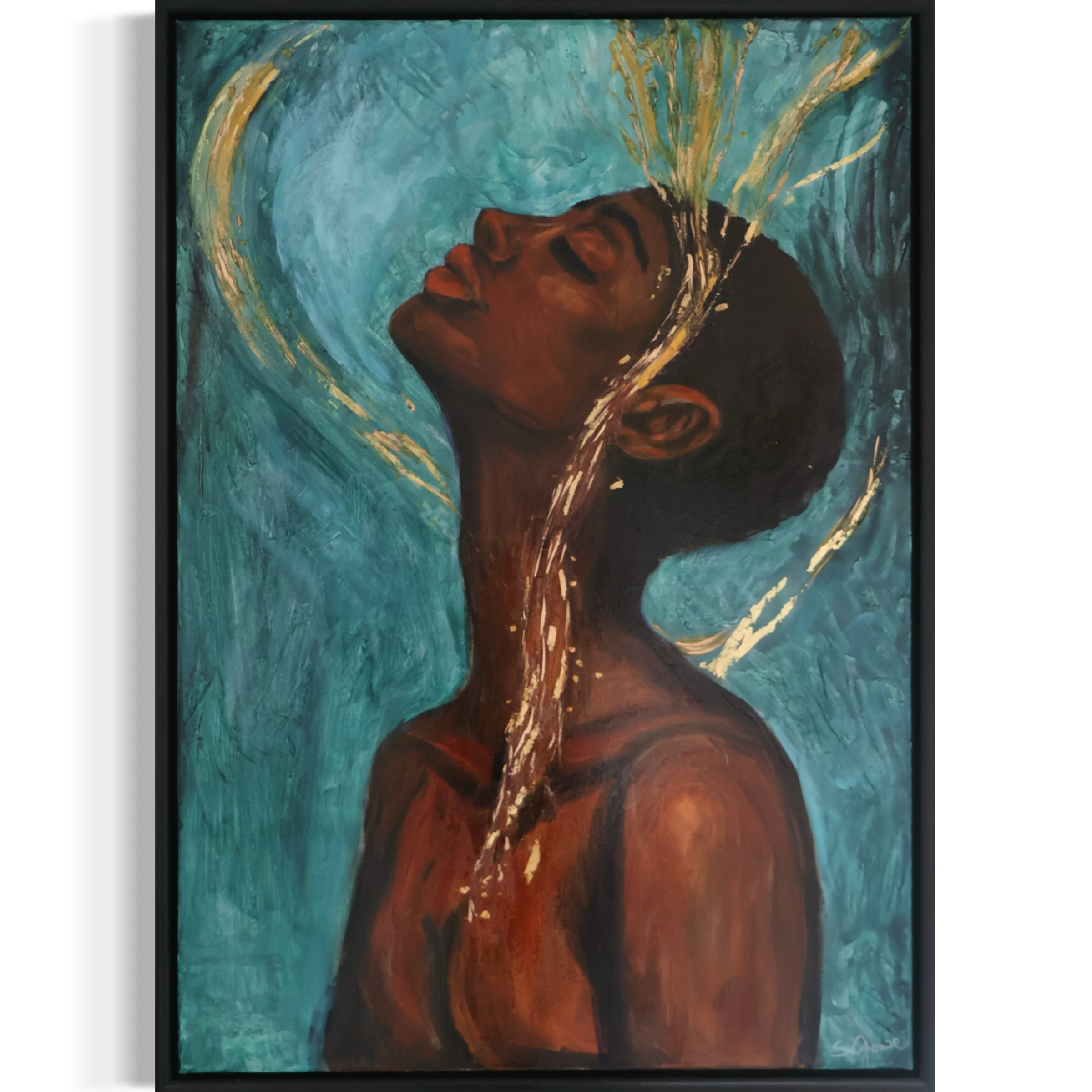 Werk " Es fließt durch mich" der Serie " Einverstanden". Ölmalerei mit überwiegend blauen und grünen Farbtönen, goldenen Akzenten. Original von Sonia Gonze, Nürnberg.