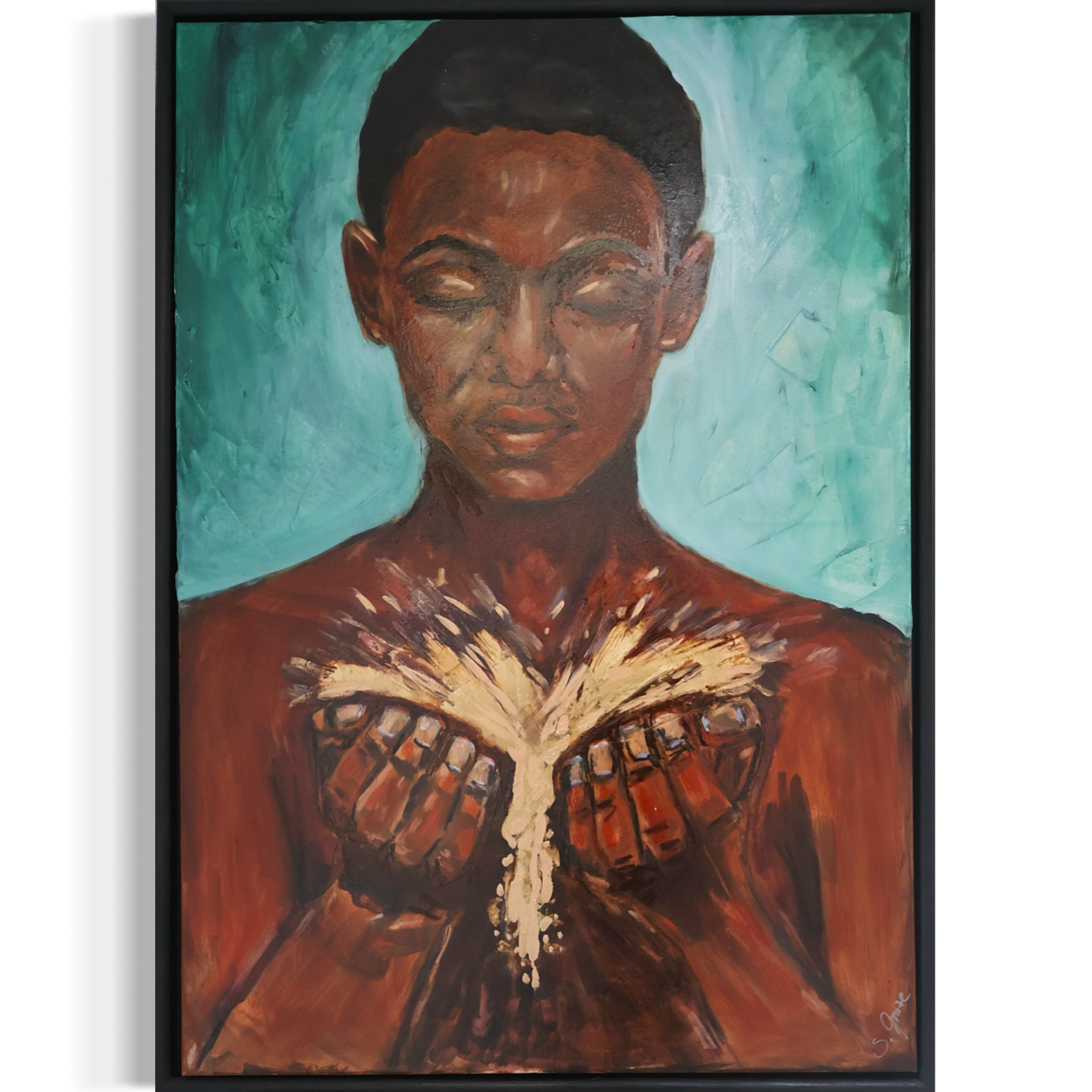 Werk "Gegeben" der Serie " Einverstanden". Porträt mit geschlossenen Augen, goldenen Akzenten und hellgrünem Hintergrund, gemalt in expressionistischem Stil. Original von Sonia Gonze, Nürnberg.