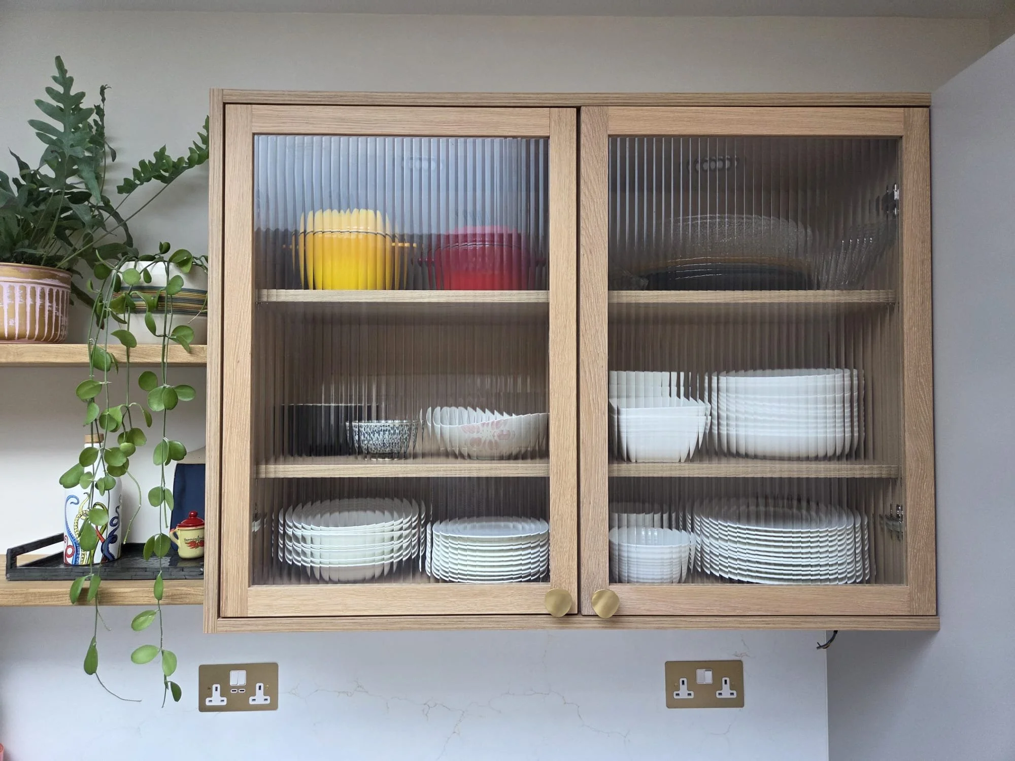 Solid Oak and Reeded Glass Kitchen Cabinet Doors