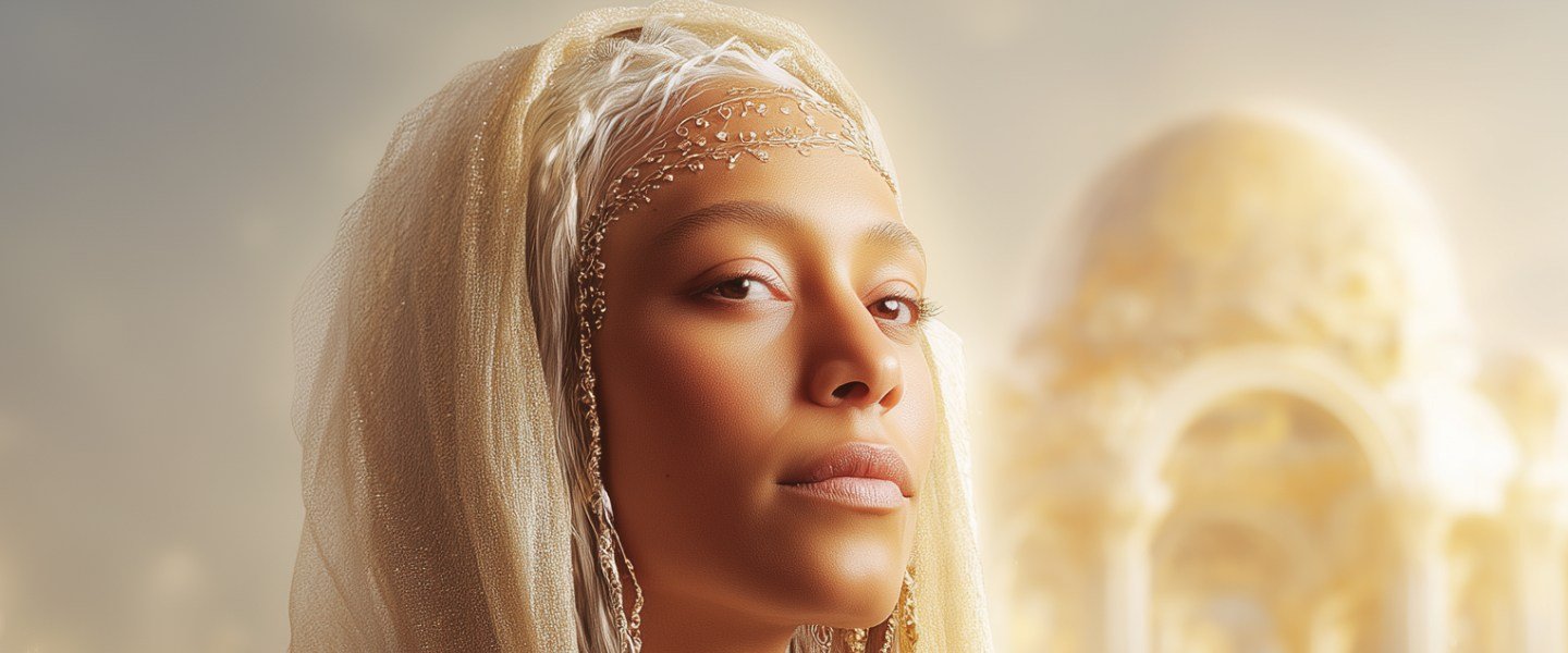 Close-up of a woman with a beige headdress and jewelry, standing outdoors with a blurred architectural background. Transformation HaTha Holistic Health