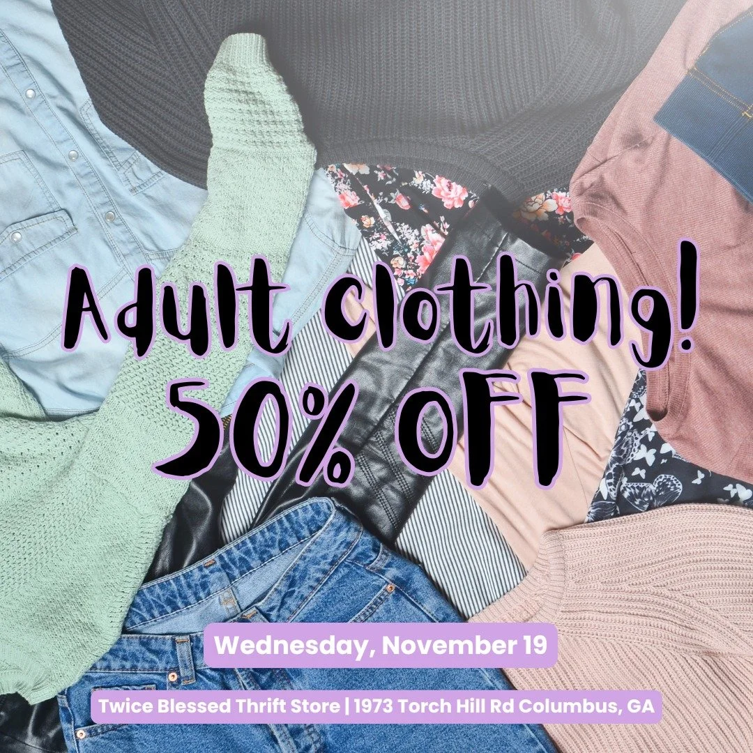 🔥 MID-WEEK DEAL ALERT! 🔥

Today only &mdash; Wednesday, November 19 &mdash; ALL ADULT CLOTHING is 50% OFF at Twice Blessed! 🙌👗🧥👖

Stock up on cozy sweaters, jeans, jackets, dresses, and all your fall favorites for HALF the price! The racks are 