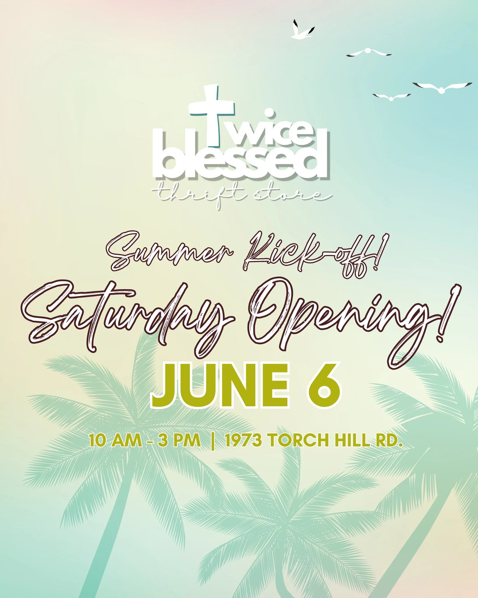 ☀️ SUMMER KICKOFF SATURDAY OPENING!! &mdash; JUNE 6! ☀️

😎 5 Reasons to Visit Twice Blessed on June 6:

1️⃣ Thrifting beats retail.
2️⃣ Fresh finds for summer.
3️⃣ Every purchase gives back.
4️⃣ Hidden treasures await.
5️⃣ Father's Day gifts are her