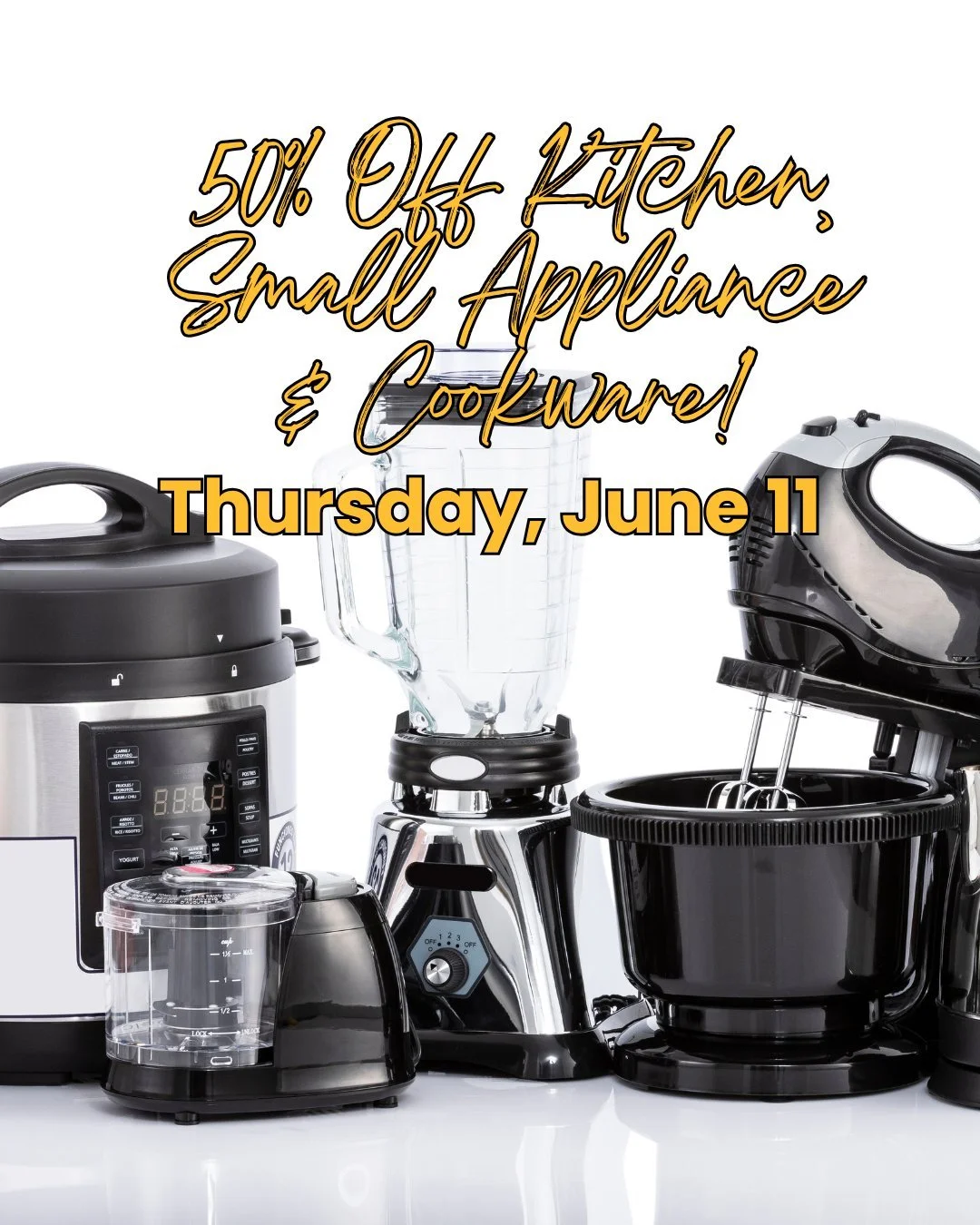 Small Appliance Sale! ⚡🍳

If you're stopping by the kitchen appliance sale, here are 5 must-have finds to keep an eye out for:

☕ Coffee Maker &ndash; Because paying coffee shop prices every morning is a lifestyle choice.

🍞 Toaster or Toaster Oven