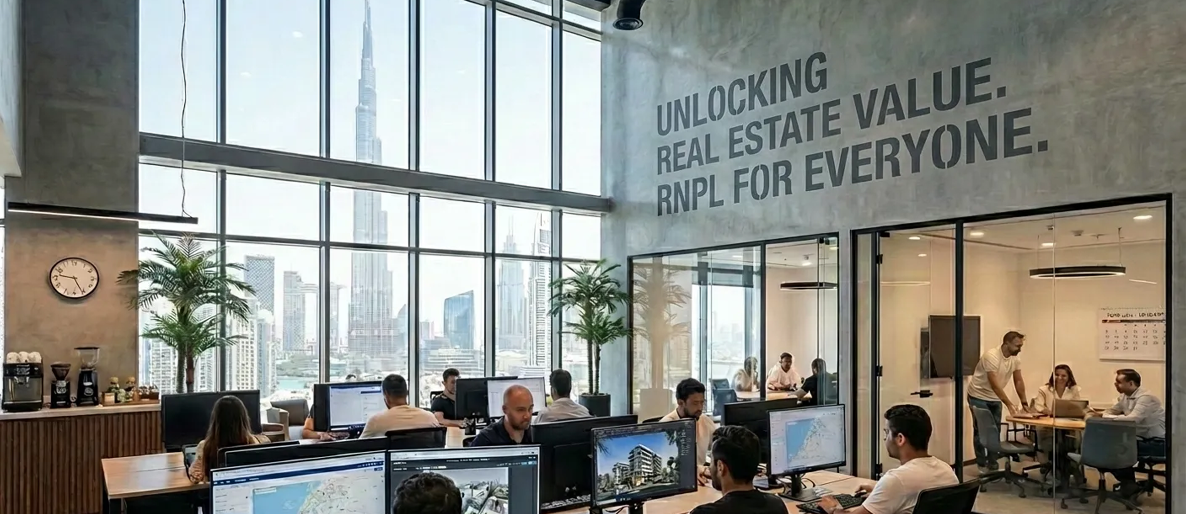 Modern office space with multiple employees working at desks with computer monitors, large windows showing city skyline, and a wall displaying the text "Unlocking real estate value. RNPL for everyone."