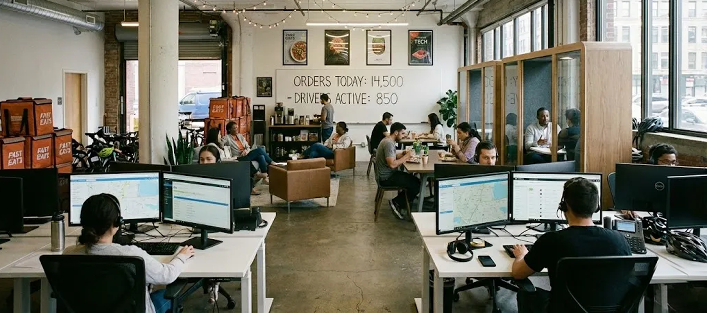 Inside a modern coworking space with people working at desks, some using computers and headphones. There are large windows, framed pictures on the wall, and a whiteboard displaying order and driver numbers. The space features a casual seating area, bikes, and storage boxes labeled 'Fast Eat'.