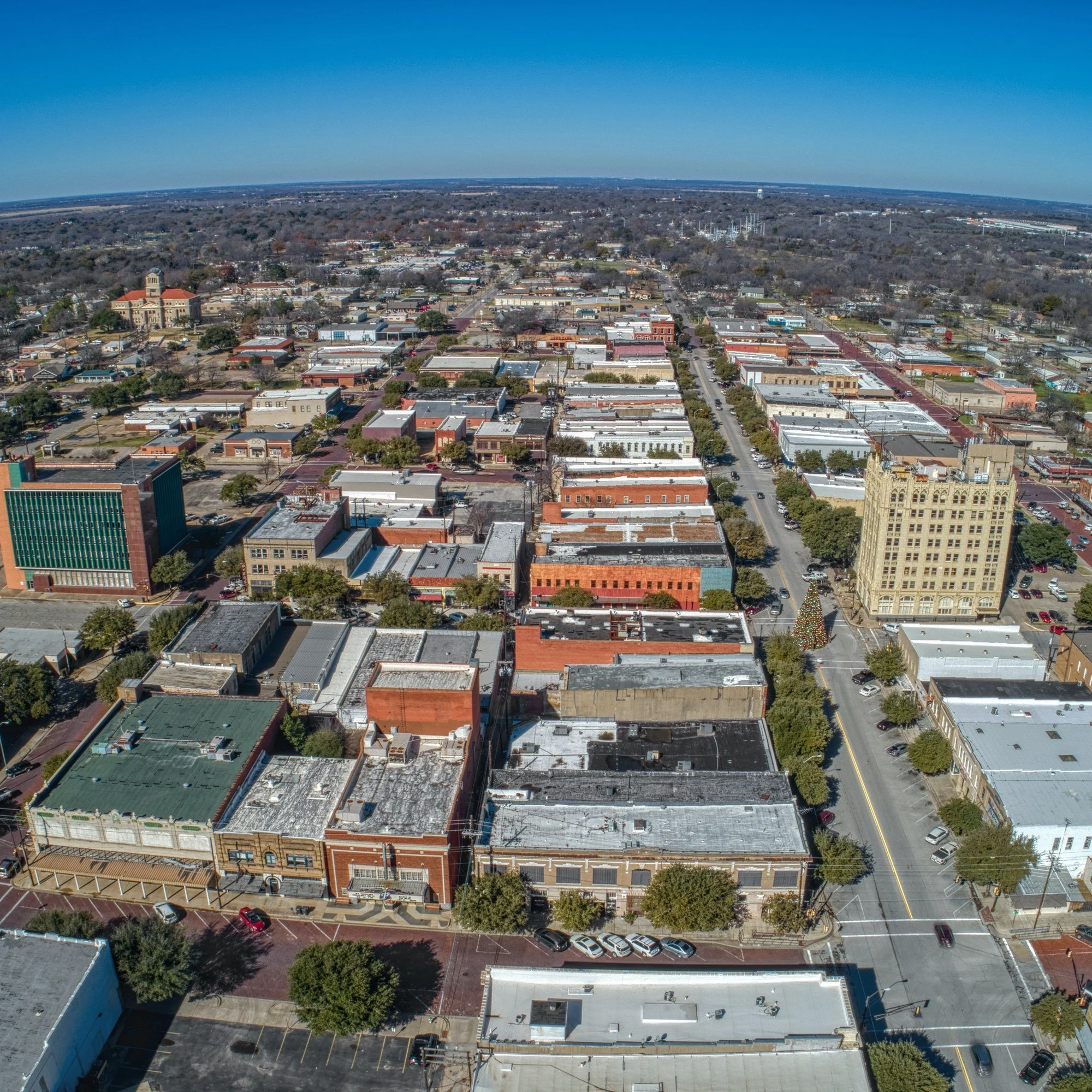 Aerial view of downtown Corsicana, Texas.
