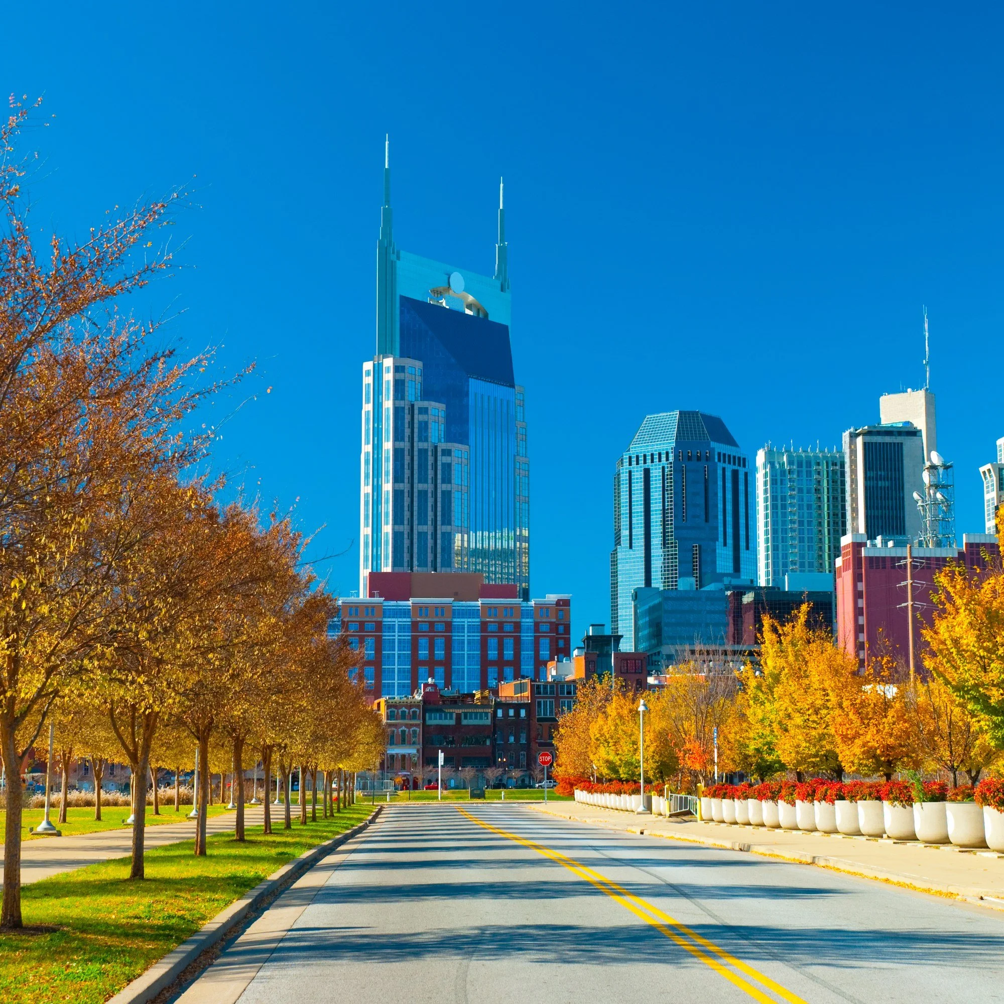 The Nashville, Tennessee, skyline at the end of a street lined with fall trees.