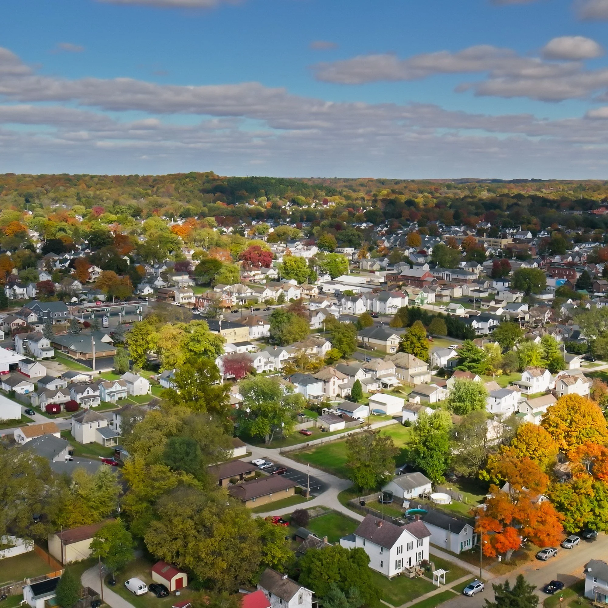 Aerial view of Lancaster, Ohio, with fall color across the neighborhoods.