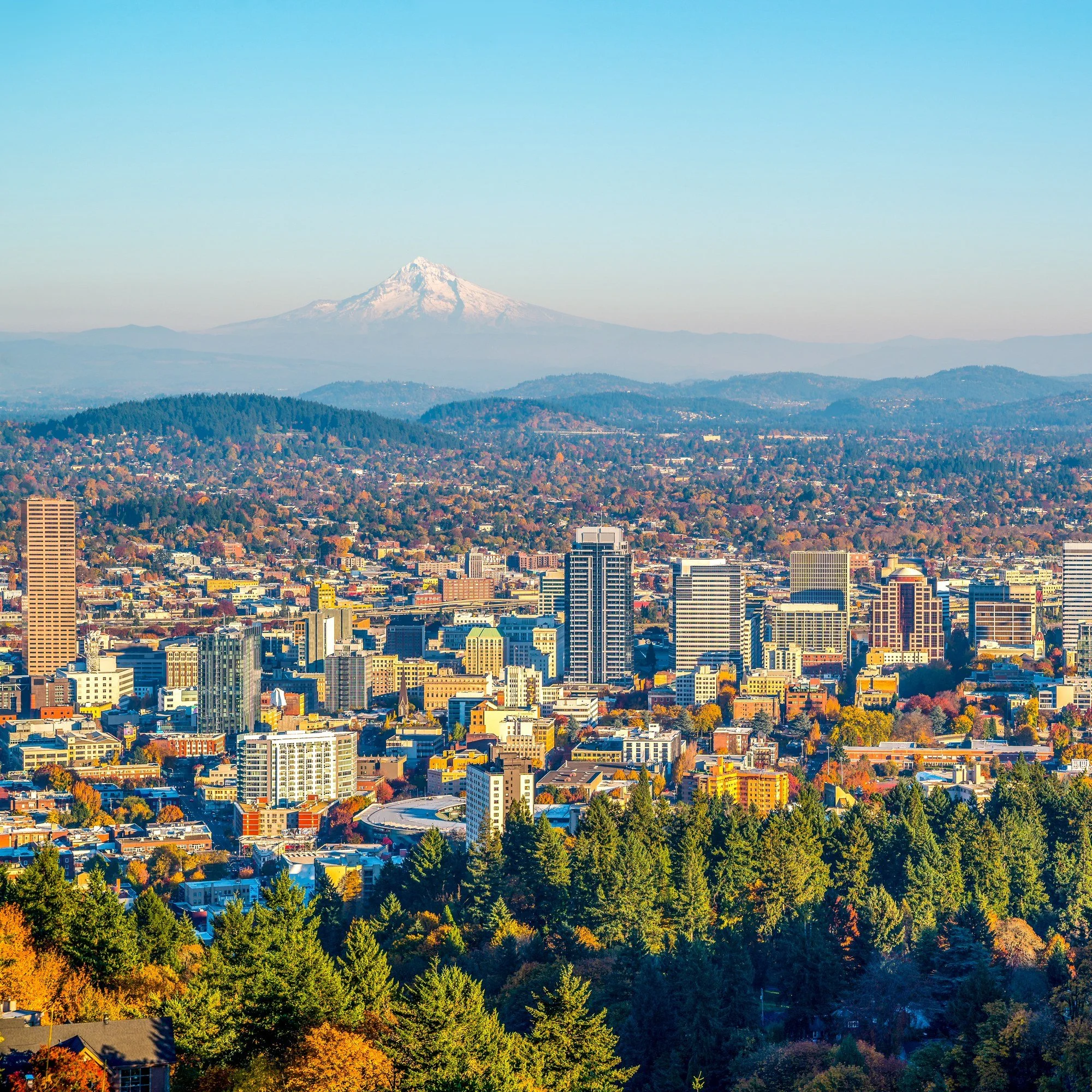 The Portland, Oregon, skyline with a snow-capped mountain in the distance.