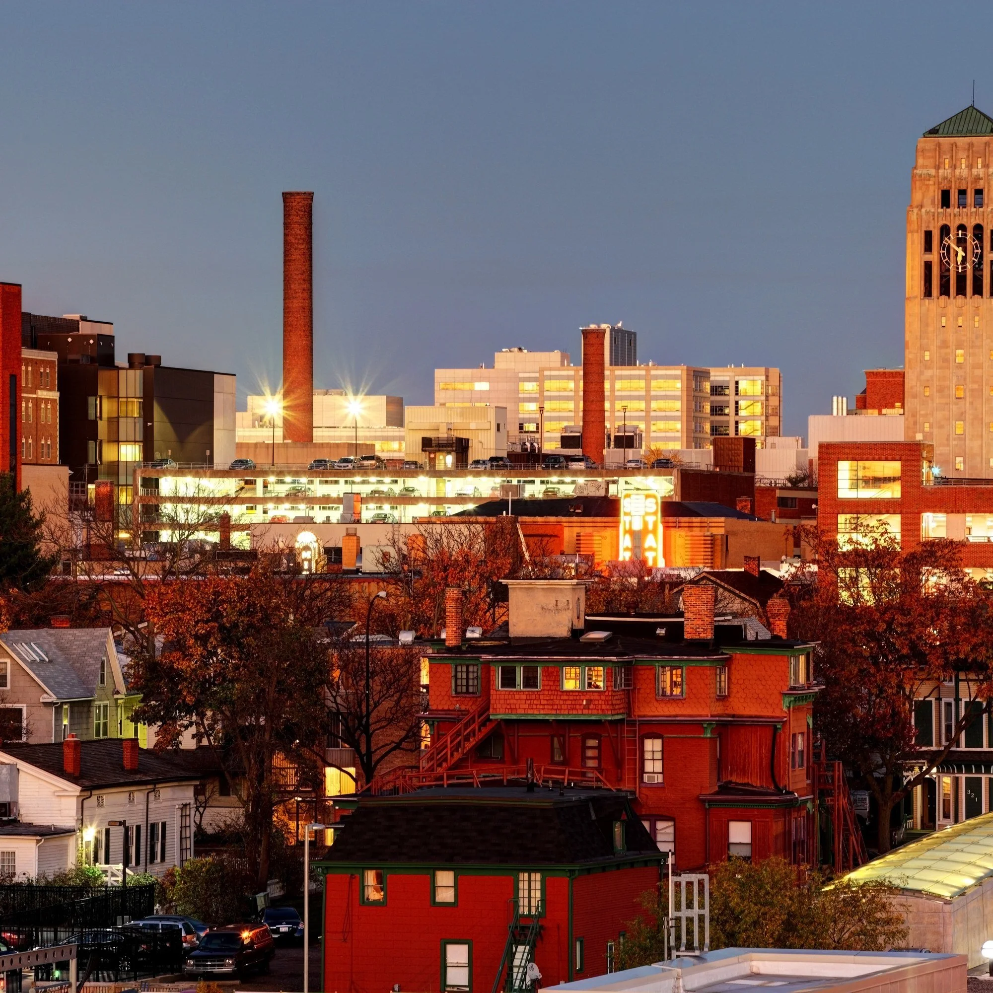 Rooftops in Ann Arbor, Michigan, with Burton Tower rising above them.