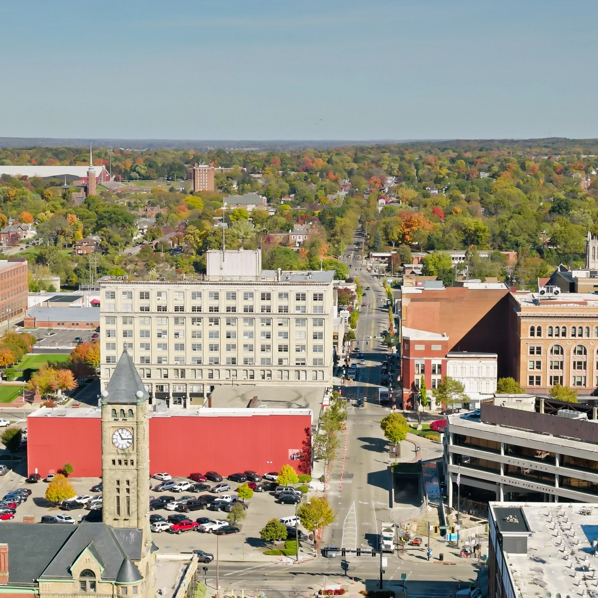 Aerial view of downtown Springfield, Ohio, on a clear fall day.