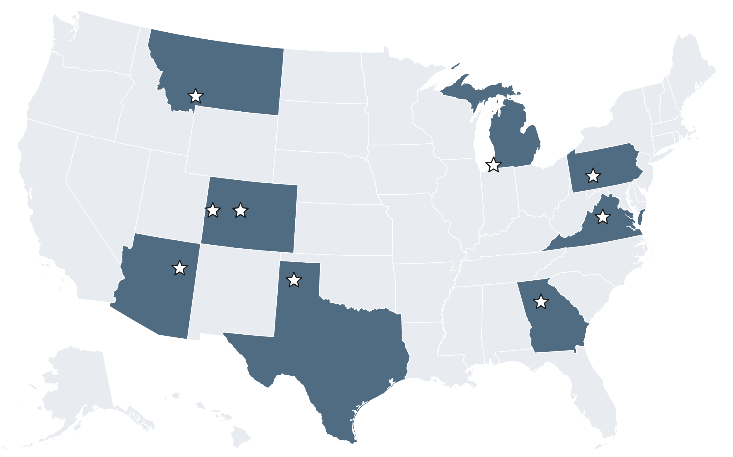 Map of the United States highlighting the nine project sites in Arizona, Colorado, Georgia, Michigan, Montana, Pennsylvania, Texas, and Virginia.