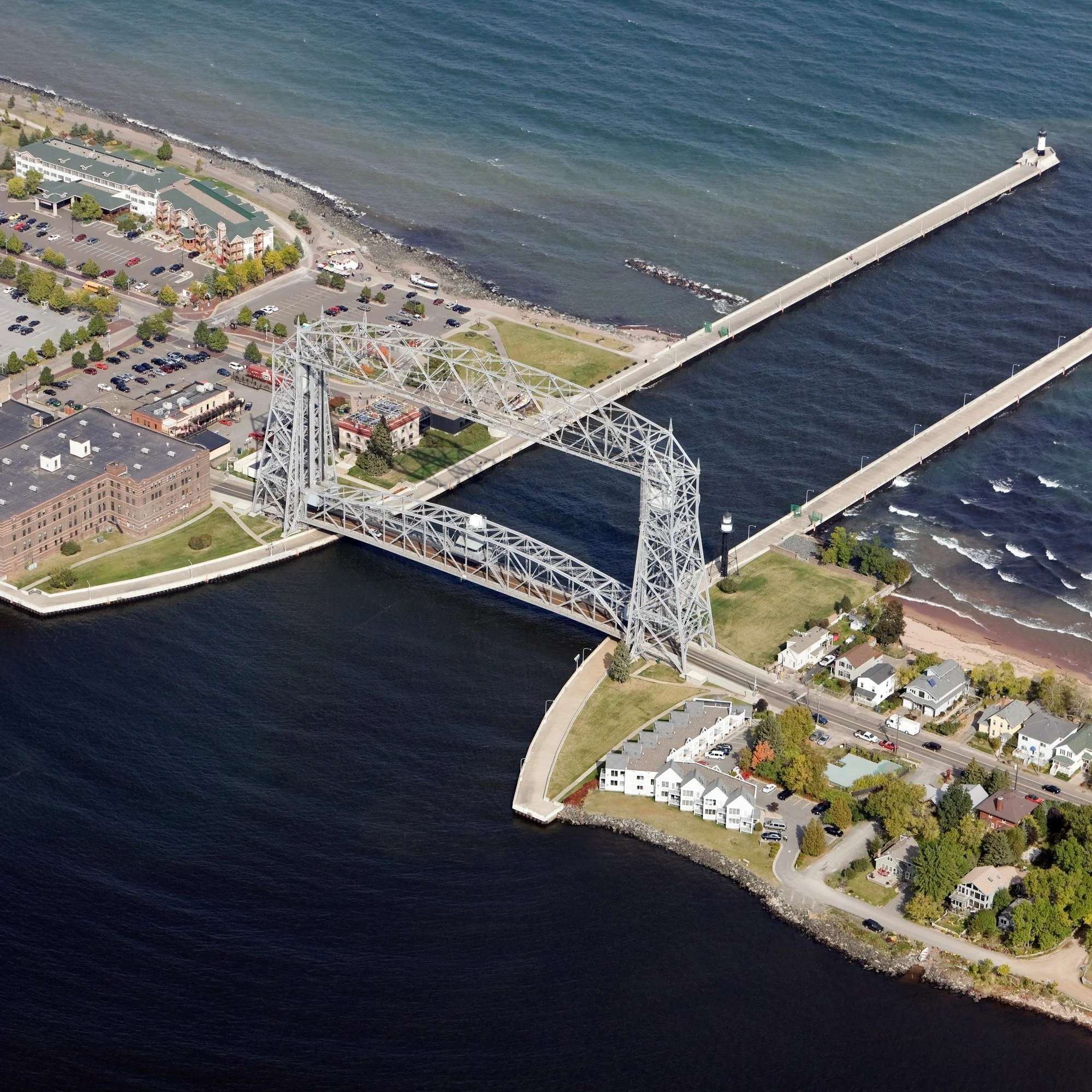 Aerial view of the lift bridge and ship canal in Duluth, Minnesota.