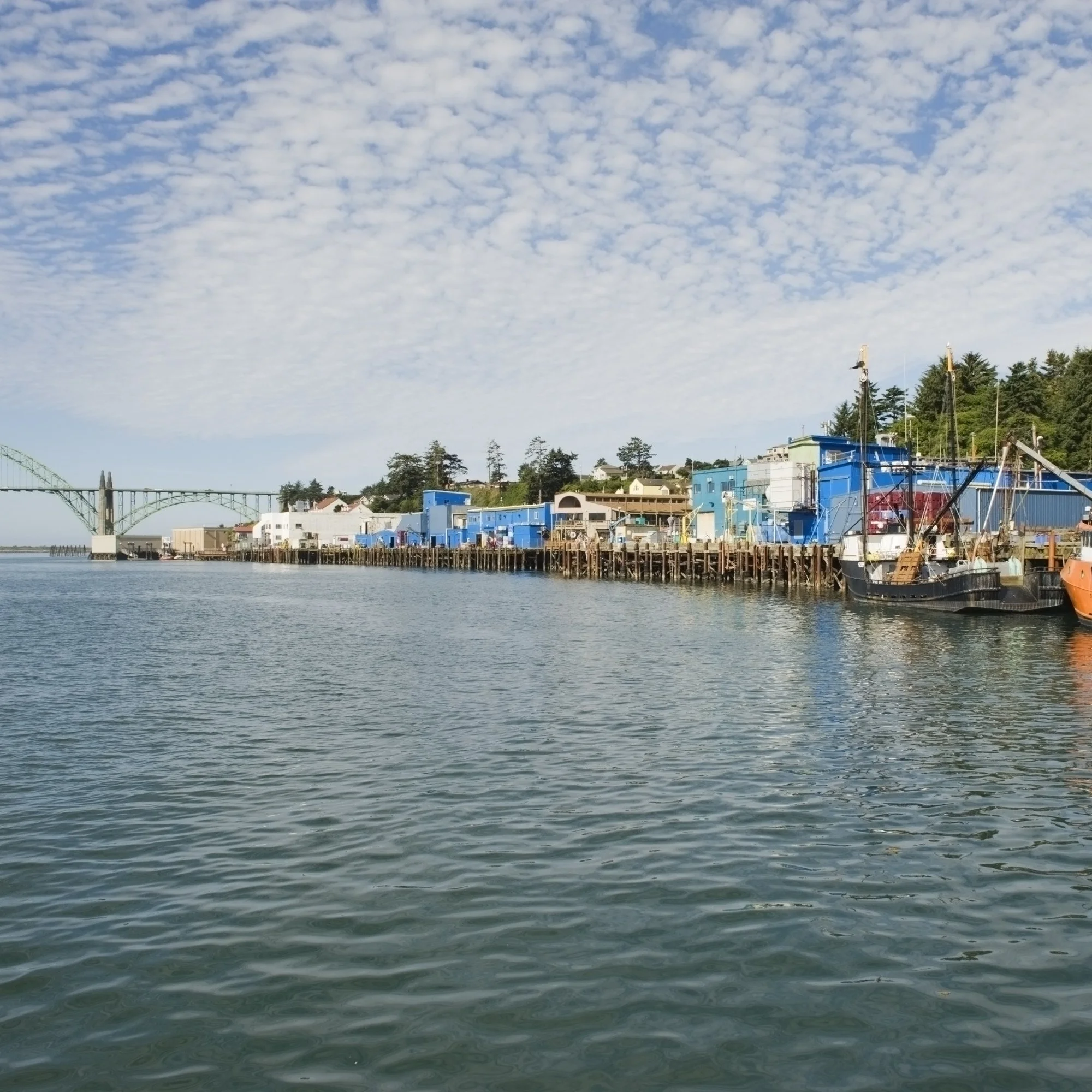 The Newport, Oregon, bayfront with fishing boats, and a bridge in the distance.