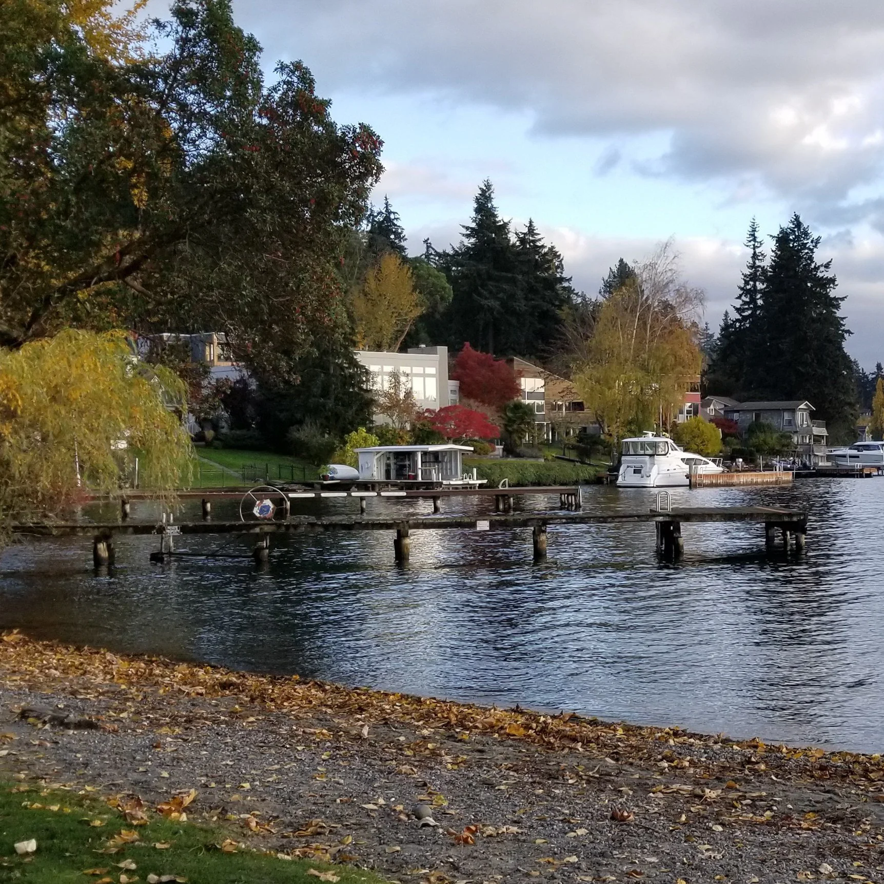 The shoreline of Lake Washington in Kirkland, Washington, with docks, a moored boat, and lakefront houses under a cloudy sky.
