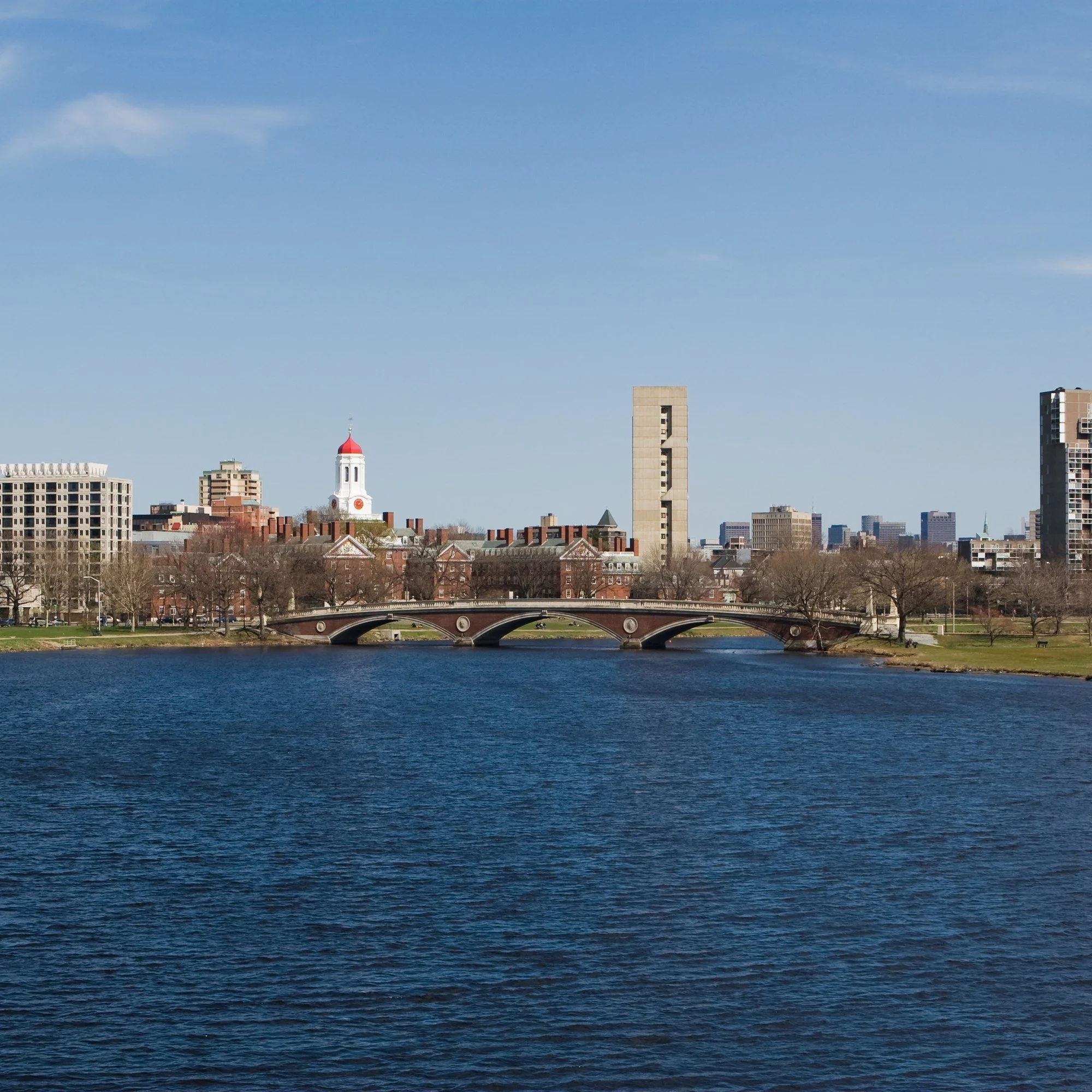The Charles River and Weeks Bridge in Cambridge, Massachusetts.