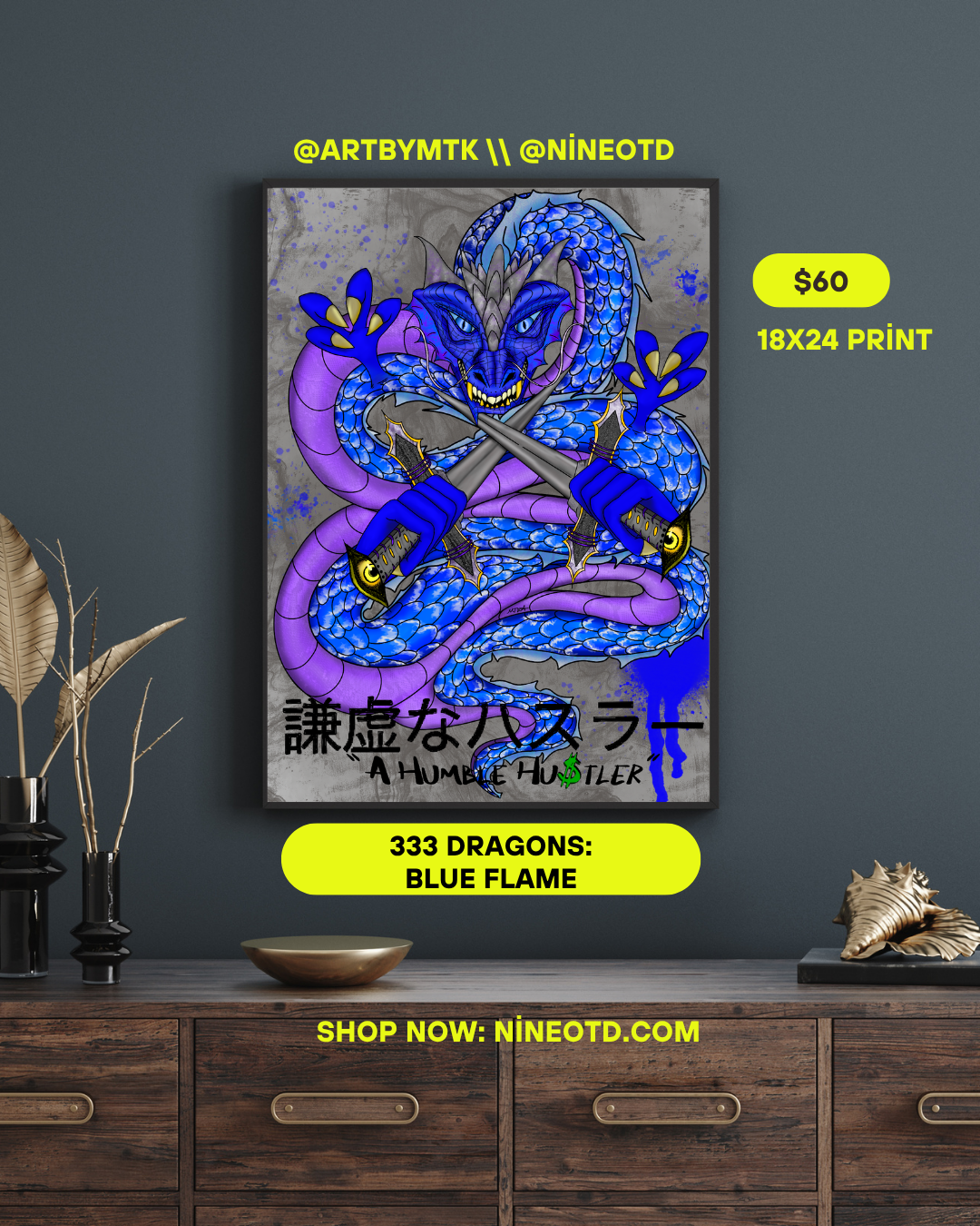 "333: Blue Flame Dragon Samurai" Digital Art Poster