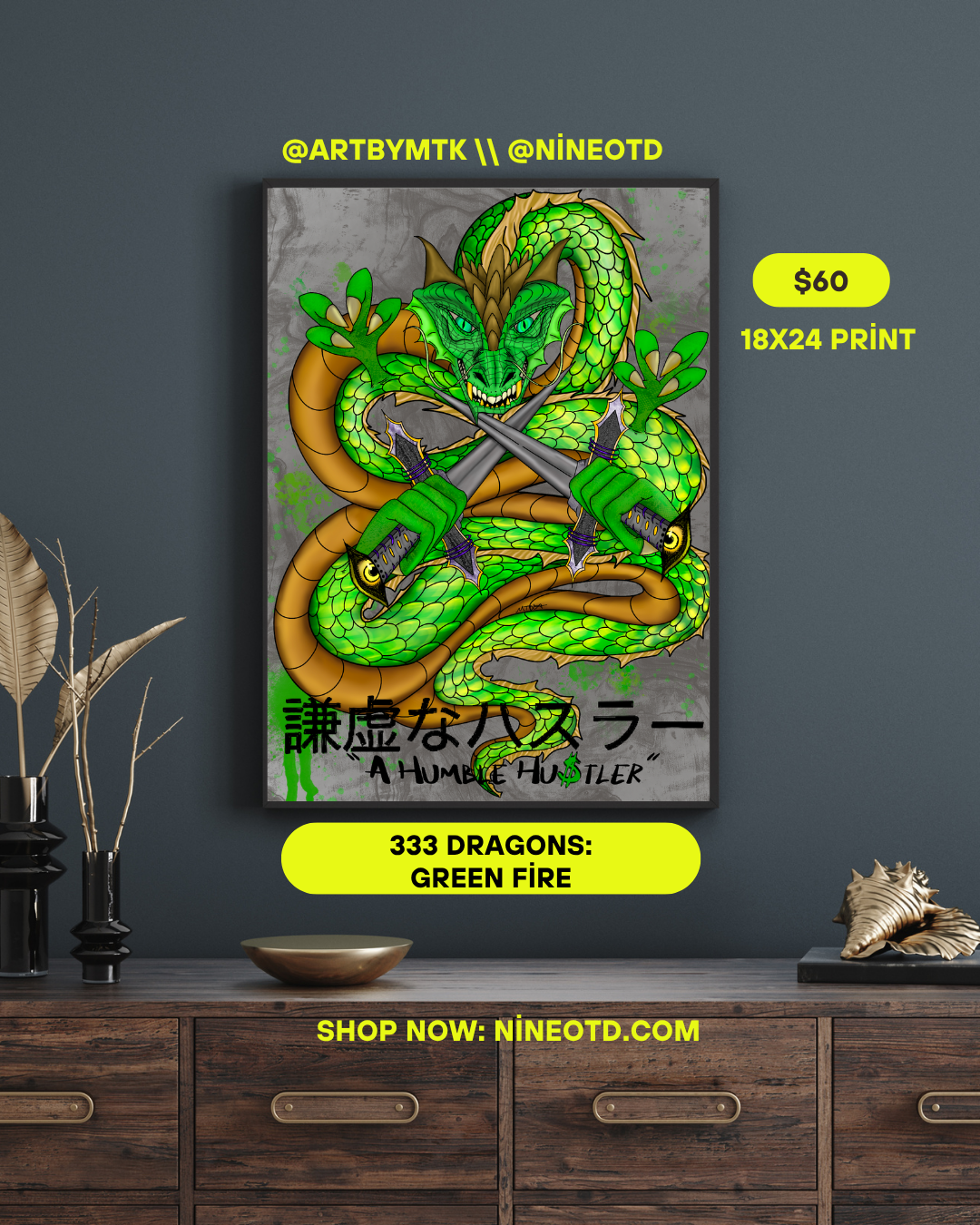 "333: Green Fire Dragon Samurai" Digital Art Poster