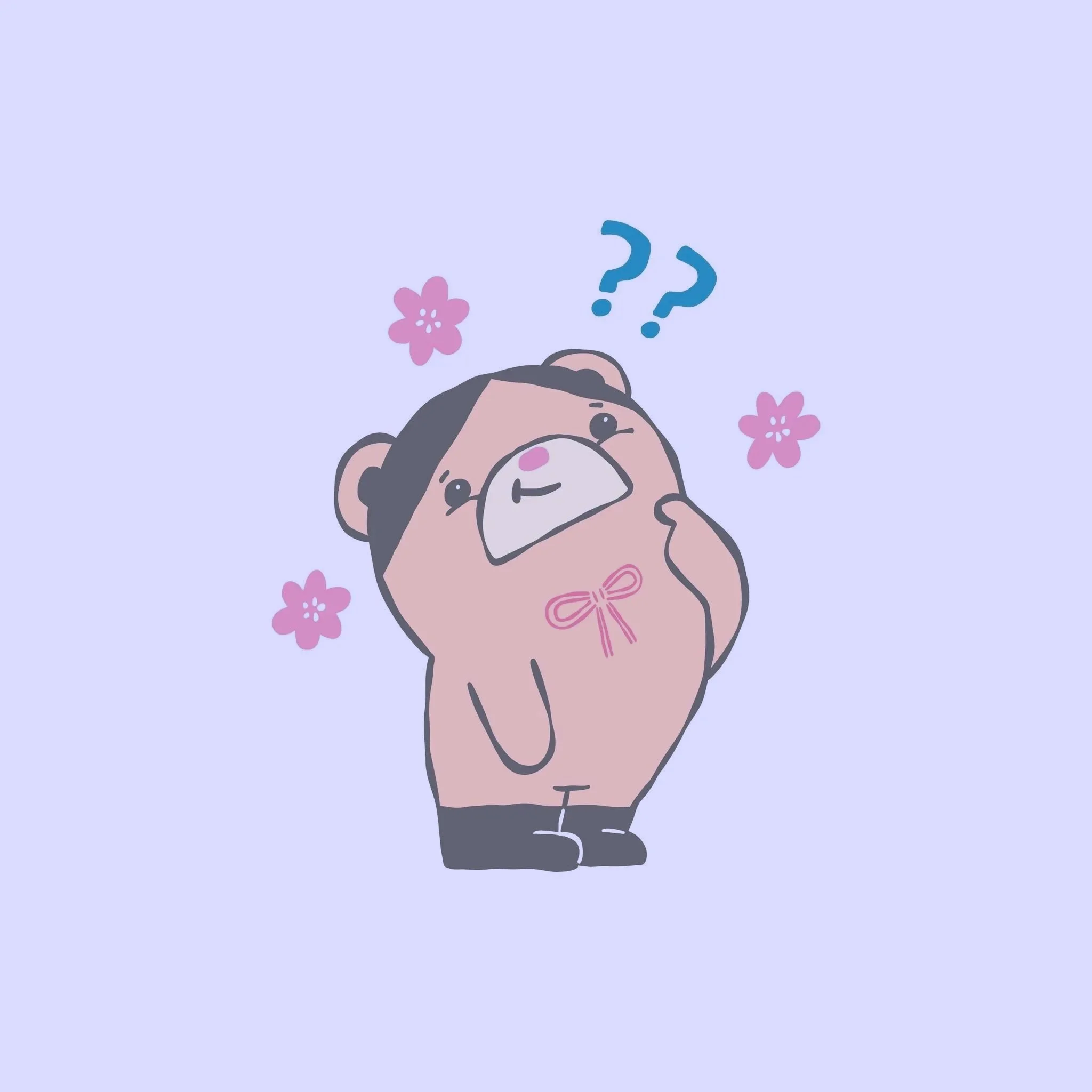 Cute illustrated bear with a pink bow tie, standing with a thoughtful expression, surrounded by pink cherry blossoms and blue question marks, on a light purple background.