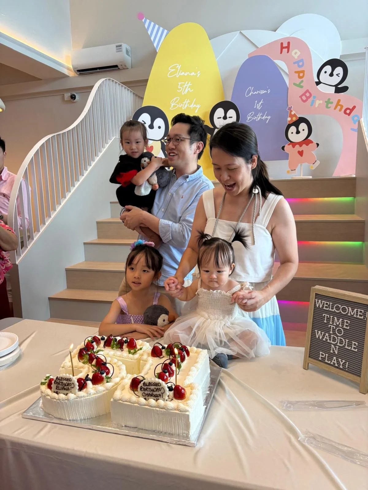 Family celebrating the 1st and 5th birthdays of their young daughters, at Riri's Children Playloft, an aesthetic toy museum located at Upper Thomson. 