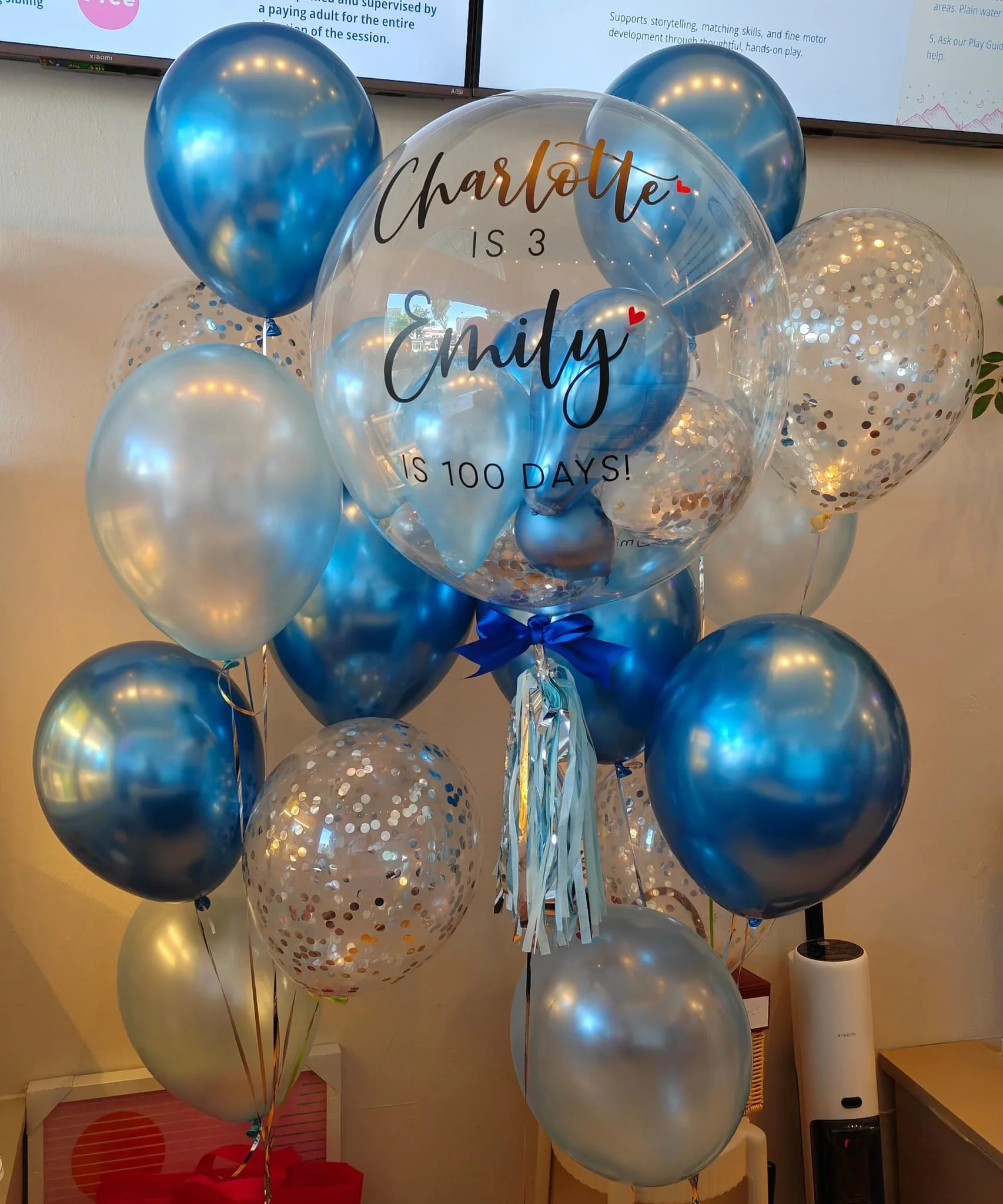 Balloon decoration for a young siblings' 3rd birthday party and 100 days' celebration at Riri's Cihldren Playloft located in Bishan.