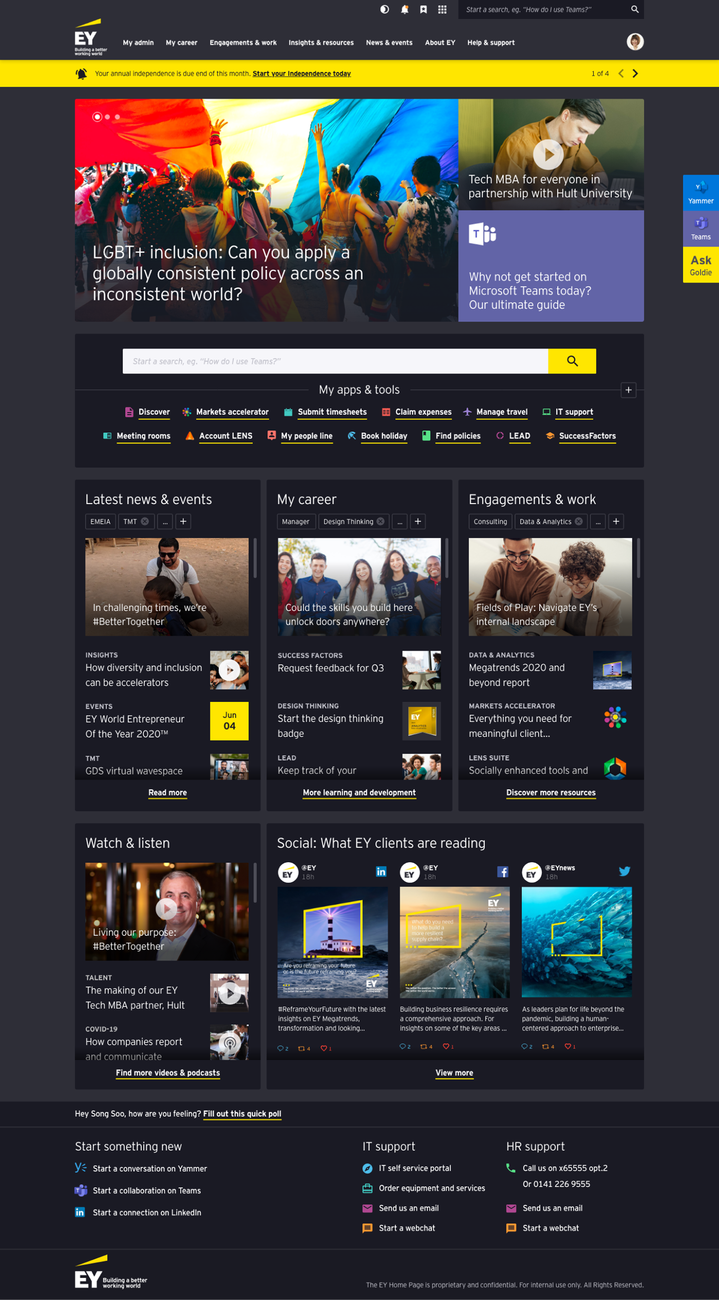 EY Intranet homepage in dark mode