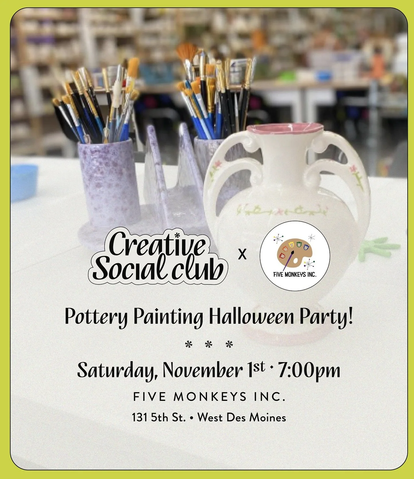 Join us for a night of pottery painting at Five Monkeys on Saturday, November 1st! We&rsquo;ll bring Halloween snacks and beverages, you bring your creativity! 🎨Halloween costumes are optional, but encouraged. There will be a prize for the best cost