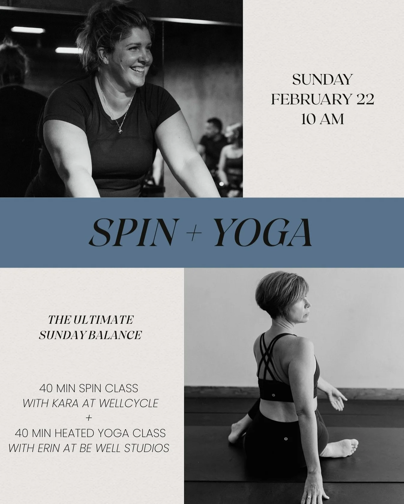 The ultimate Sunday balance ⚡️✨
Feb 22 | 10AM 40-min Reset Spin with Kara 40-min Warm Yoga with Erin

Our Reset Spin blends science, sweat, and rhythm into one powerful 40-minute ride. Rooted in exercise physiology, it hits Speed, Strength, Endurance