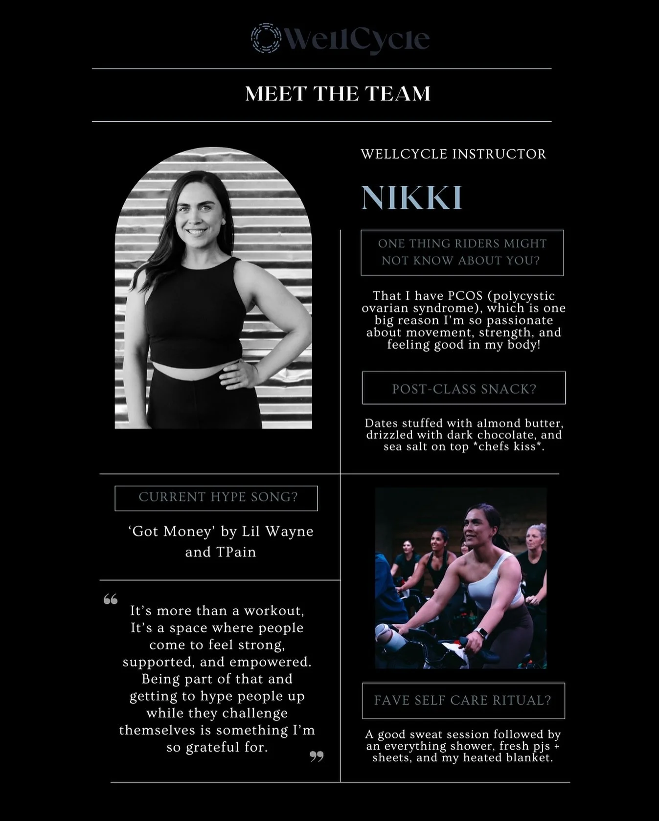 NIKKI! 🌟 &ldquo;Teaching at WellCycle fills my cup in a way nothing else does.&rdquo; 

We are so grateful for our girl Nik! 🚲 Join her for a class and see what the hype is all about! 🫶🏼