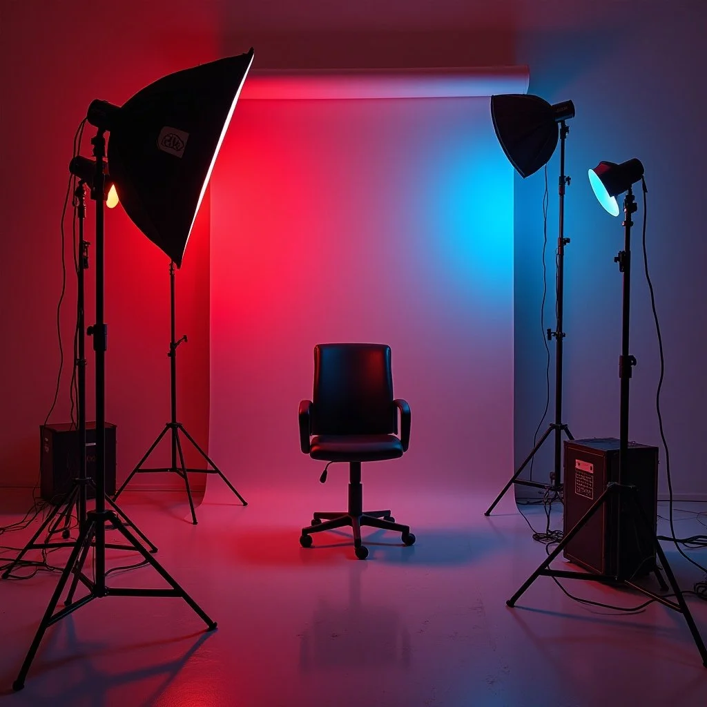 Photography studio setup with a black office chair, red and blue lighting, backdrop, and studio lights on stands.