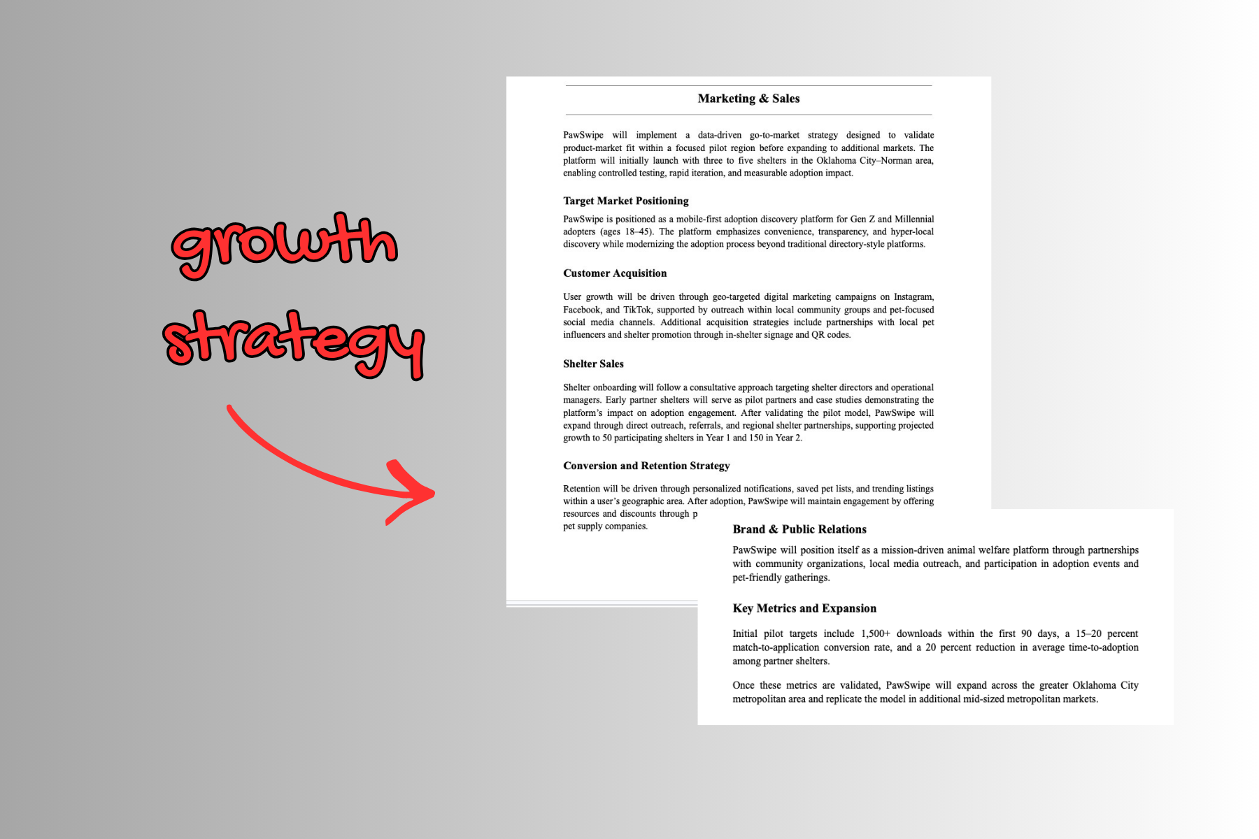 I developed a scalable growth strategy focused on driving user acquisition, engagement, and long-term retention. This included outlining customer acquisition channels, partnership opportunities, and conversion tactics, while establishing key metrics 