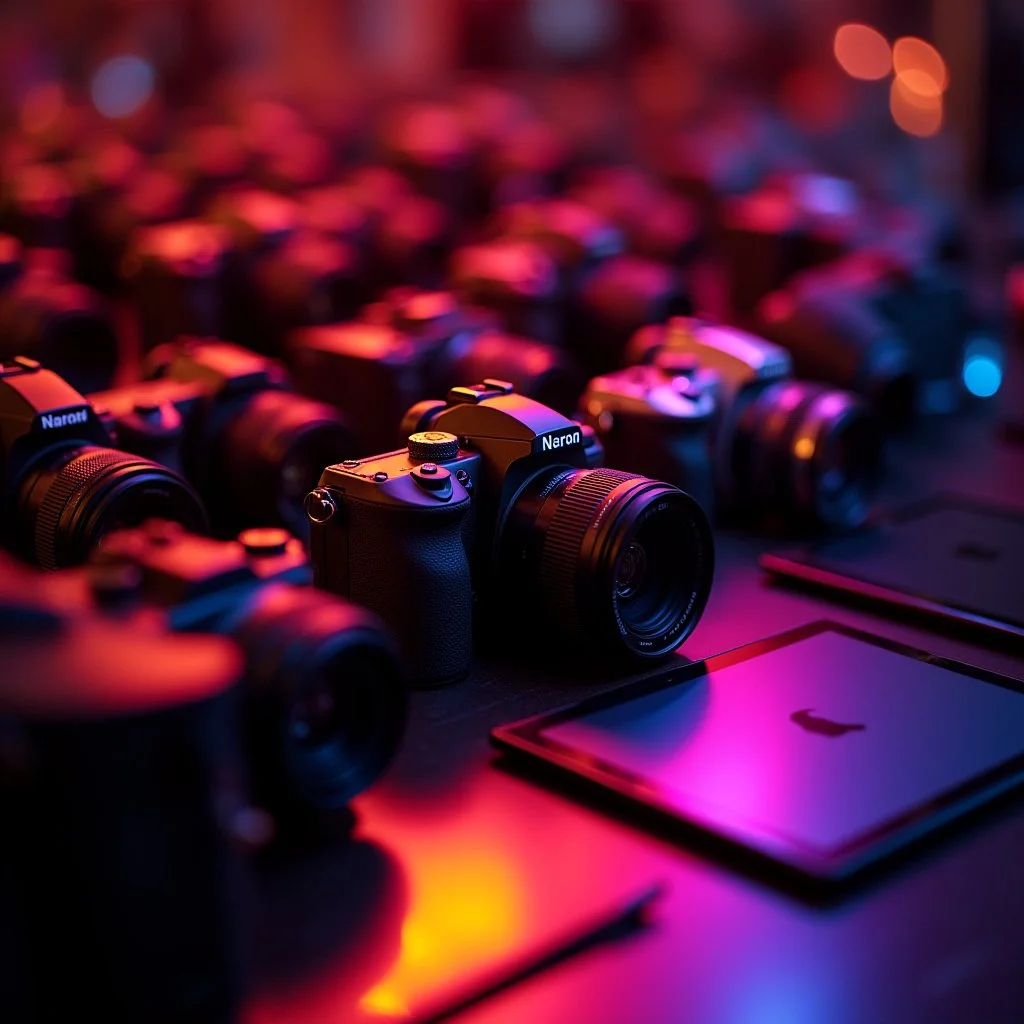 Multiple digital cameras and tablets on a table with colorful lighting.
