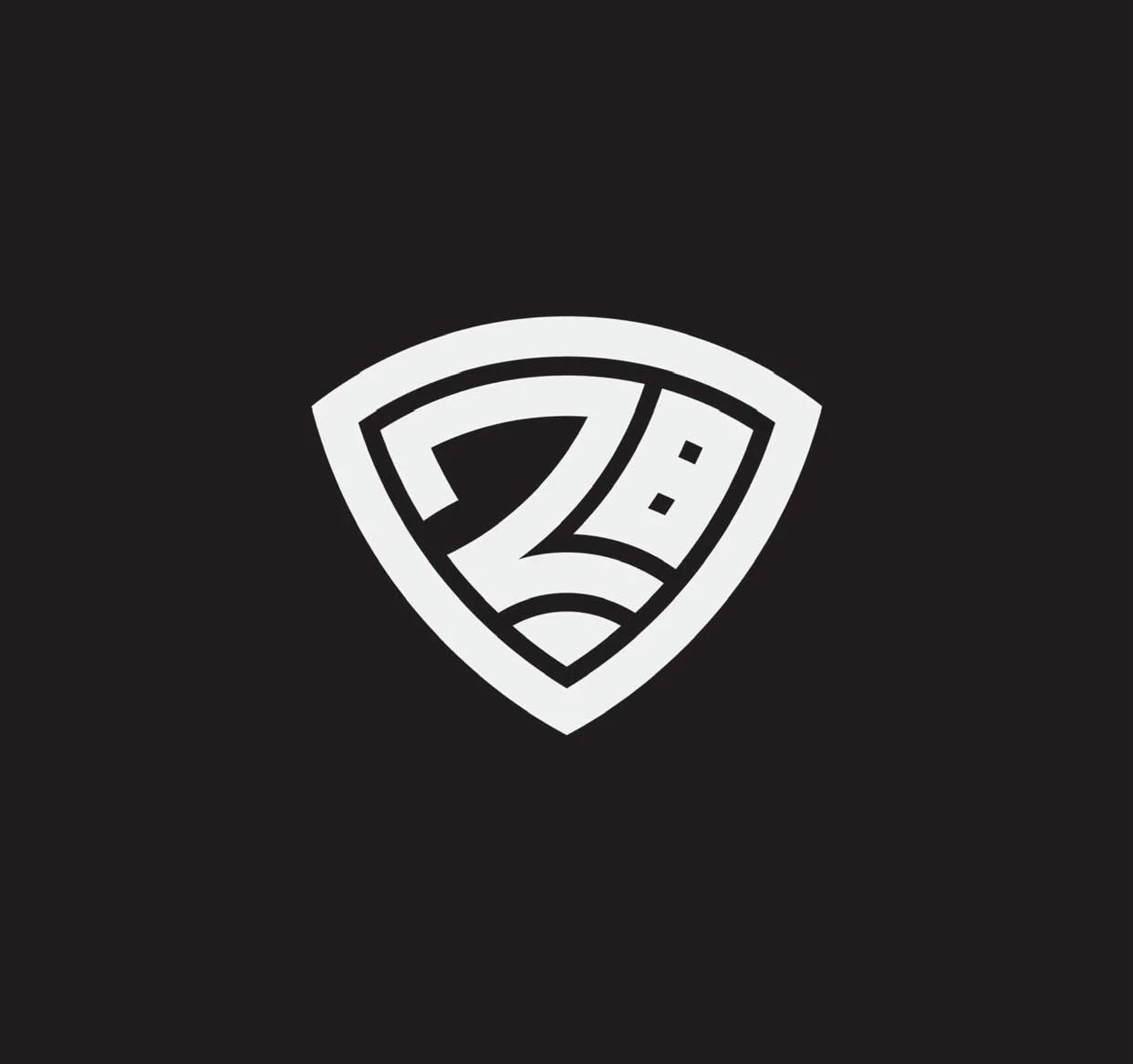 Black background with a white shield-shaped logo featuring a stylized clock with a face and hands.