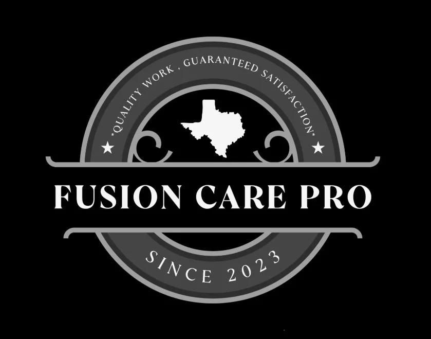 Black and gray circular logo for Fusion Care Pro with a Texas map outline in the center, and text indicating quality work, satisfaction, and since 2023.