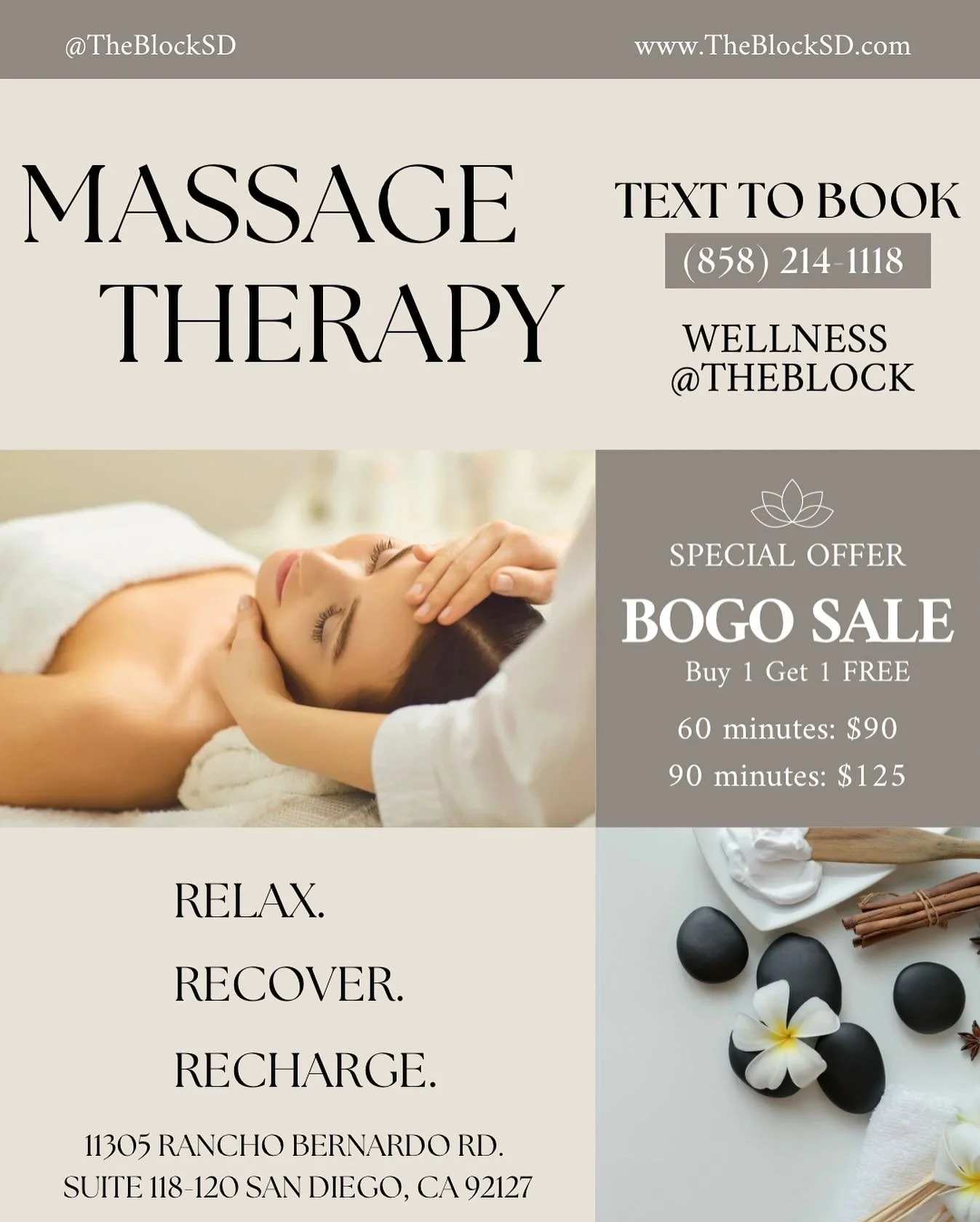 Relax. Recover. Recharge. BOGO Deal! 🚨
Buy 1 Get 1  FREE massage therapy at The Block. Your recovery starts here.

#TheBlockPerformanceCenter #BOGOMassage #SanDiegoRecovery #MassageTherapy #recovery #wellnes #4sranch #poway #ranchobernardo