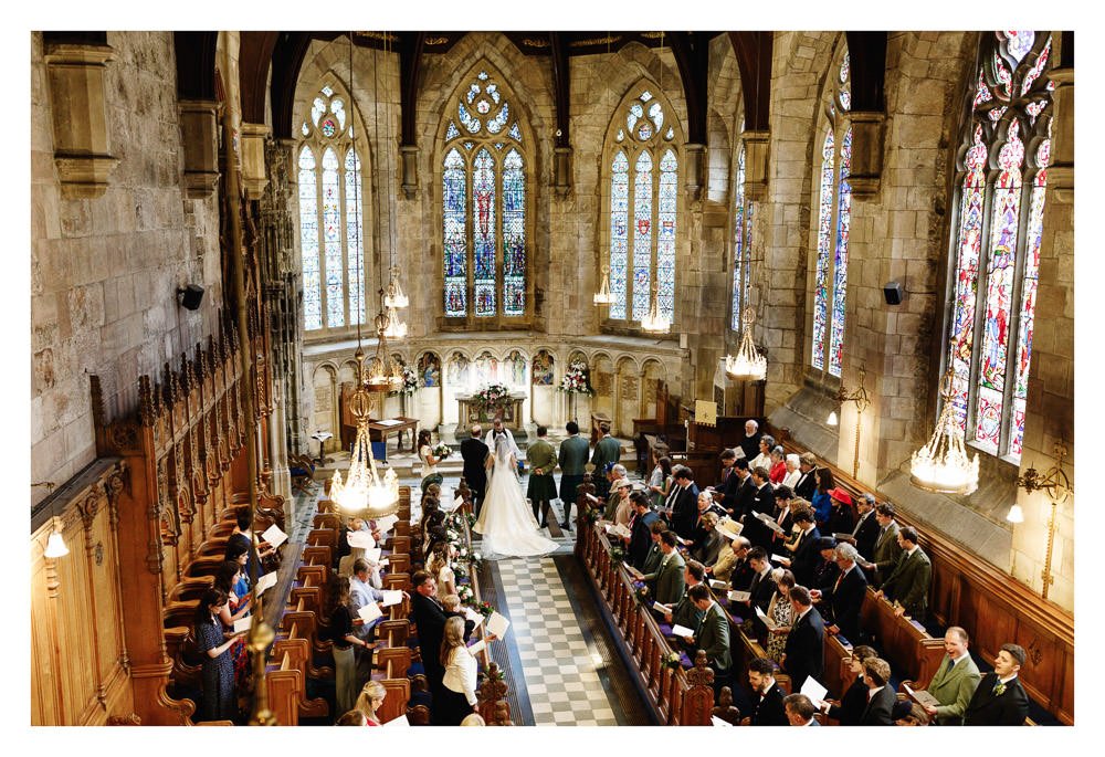 St Salvator's wedding ceremony from above, St Andrews, Scotland.