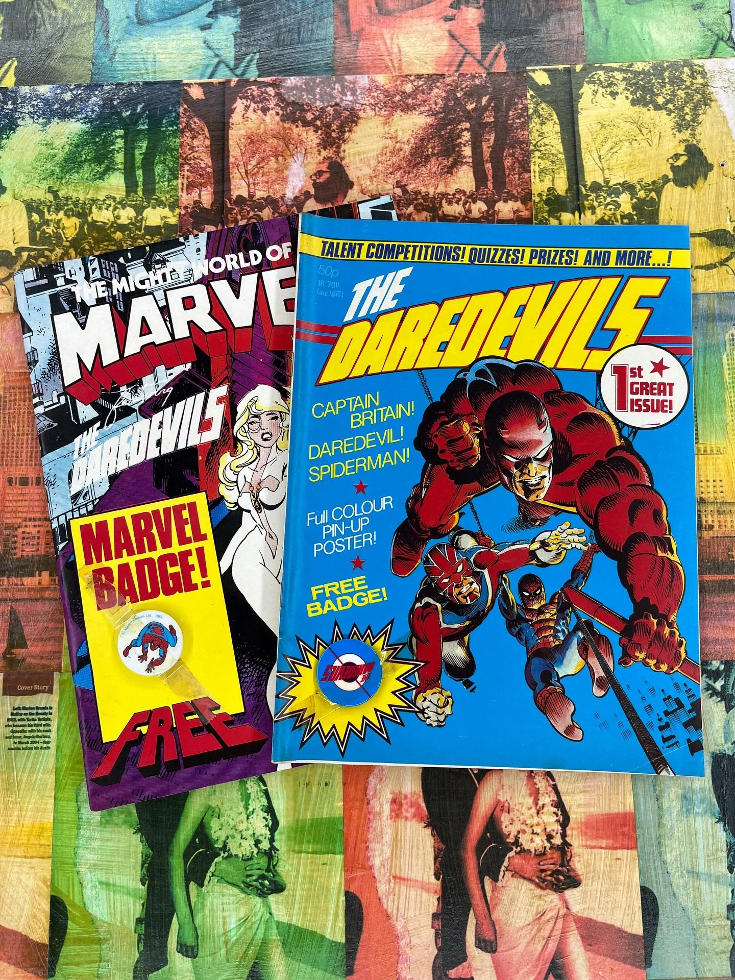 Couple of 1980s #ukmarvelcomics with their free #buttonbadge #daredevil #spiderman / #rocknrollpubliclibrary