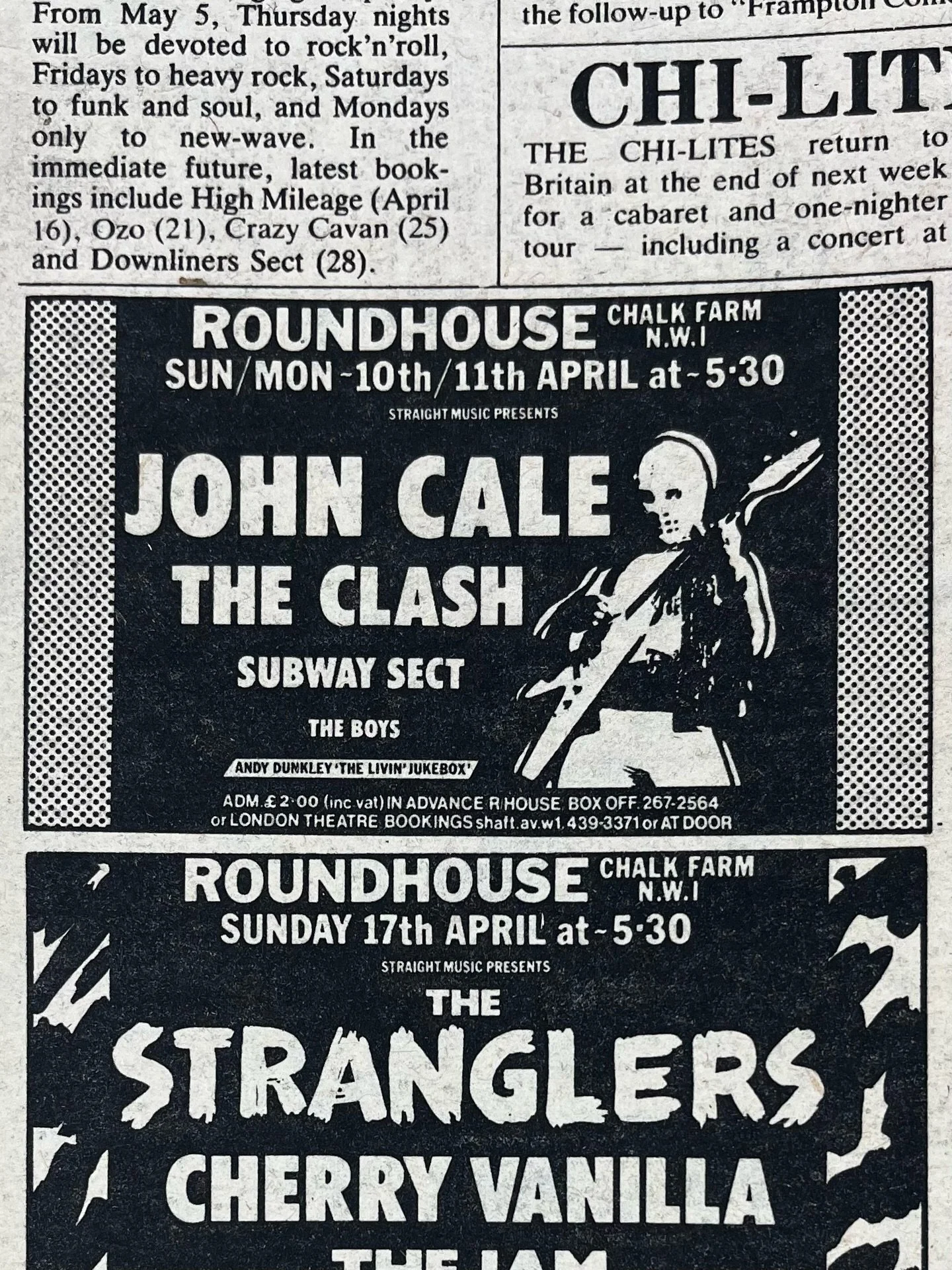 On this day in 1977 you might have been very disappointed to find that, despite the adverts and the dayglo posters pasted around town, #TheClash were not playing this gig supporting John Cale at the Roundhouse. According to an angry letter #JoeStrumm