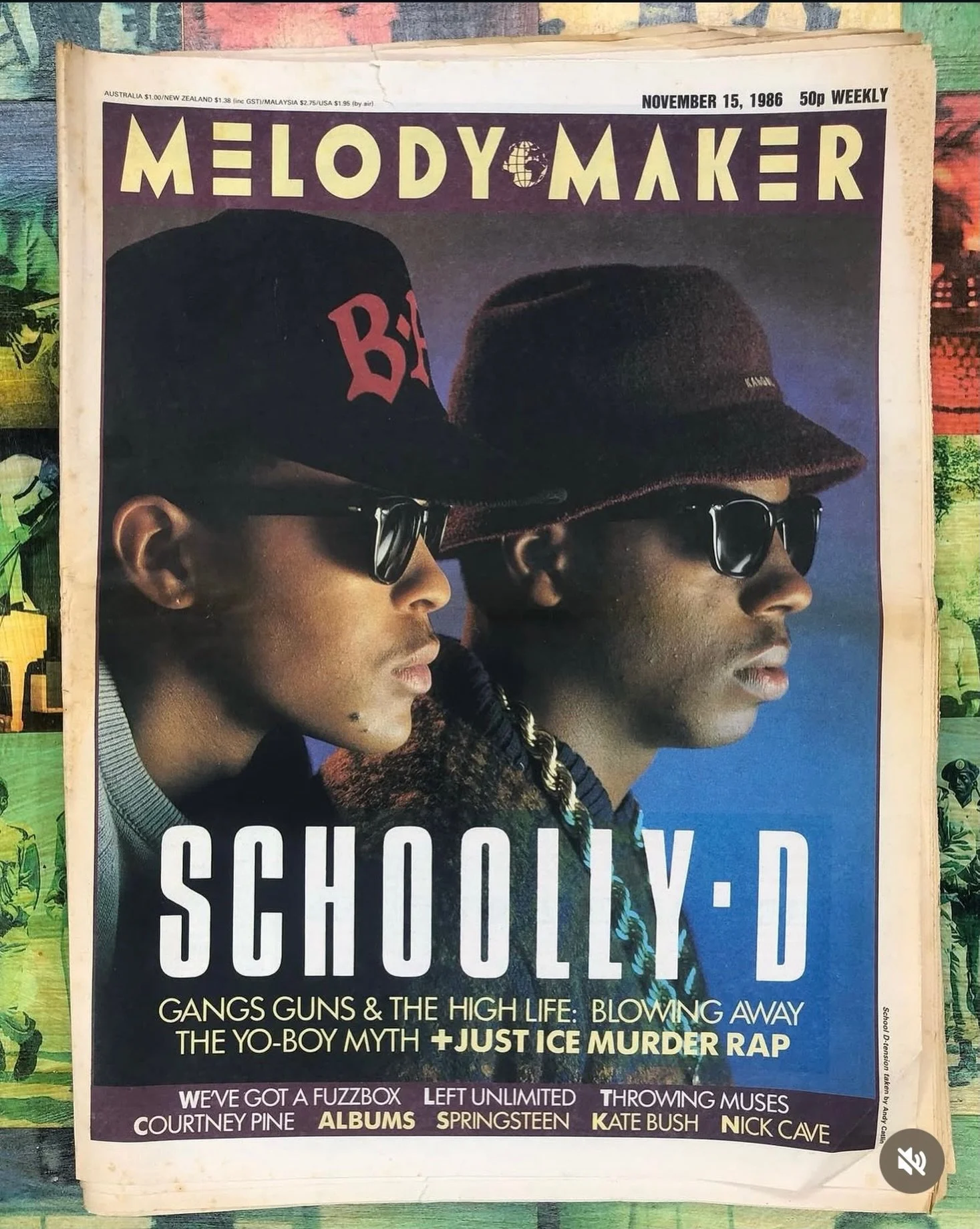 Melody Maker Nov 1986 Schoolly D cover shoot featuring BAD cap// photo by @andycatlincom // #bigaudiodynamite #rocknrollpubliclibrary