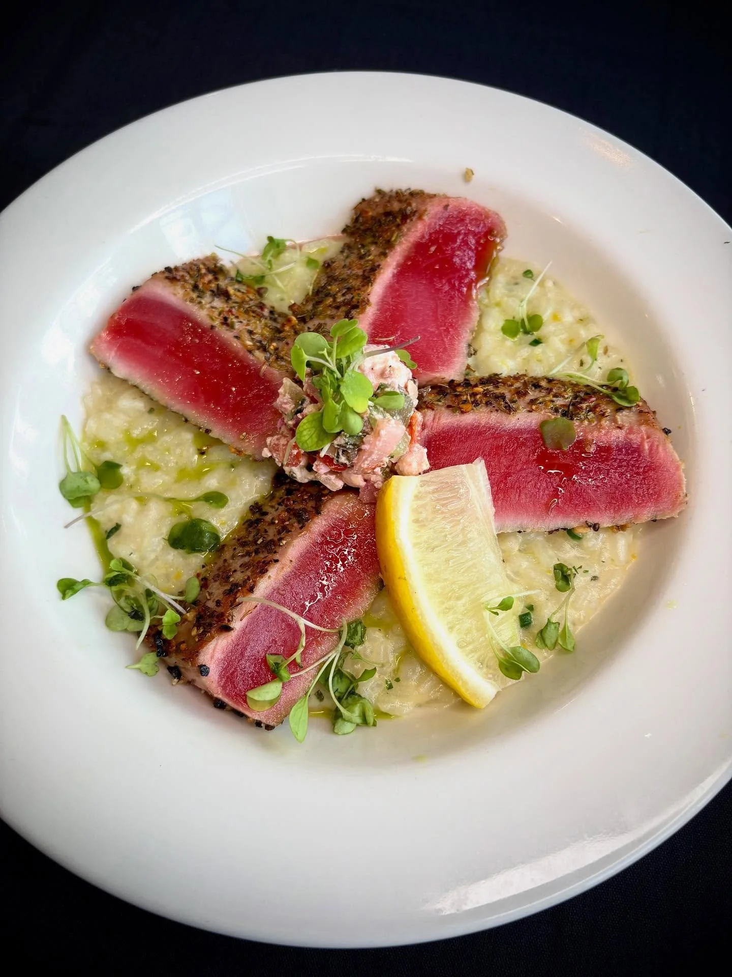 🚨 EPIC FLAVOR ALERT 🚨
 
🌿 Ahi Tuna over Brown Butter Sage Risotto
Seared ahi tuna crusted with an herb blend &amp; lemon zest, set over creamy mascarpone risotto infused with brown butter &amp; sage. Finished with a drizzle of chive oil and a brig