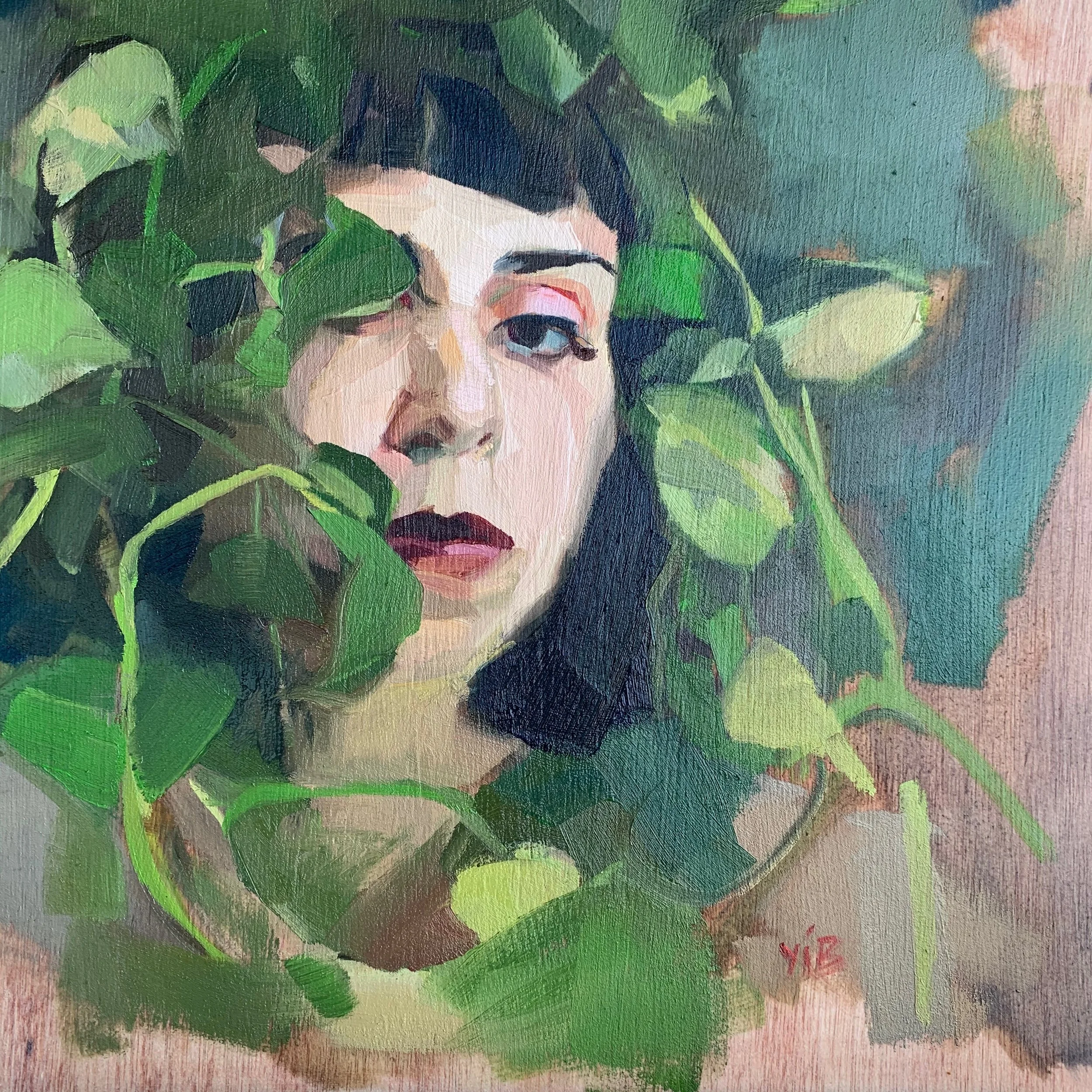 A painting of a woman with dark hair, partially obscured by green leaves, with her face visible and makeup accentuating her eyes and lips.