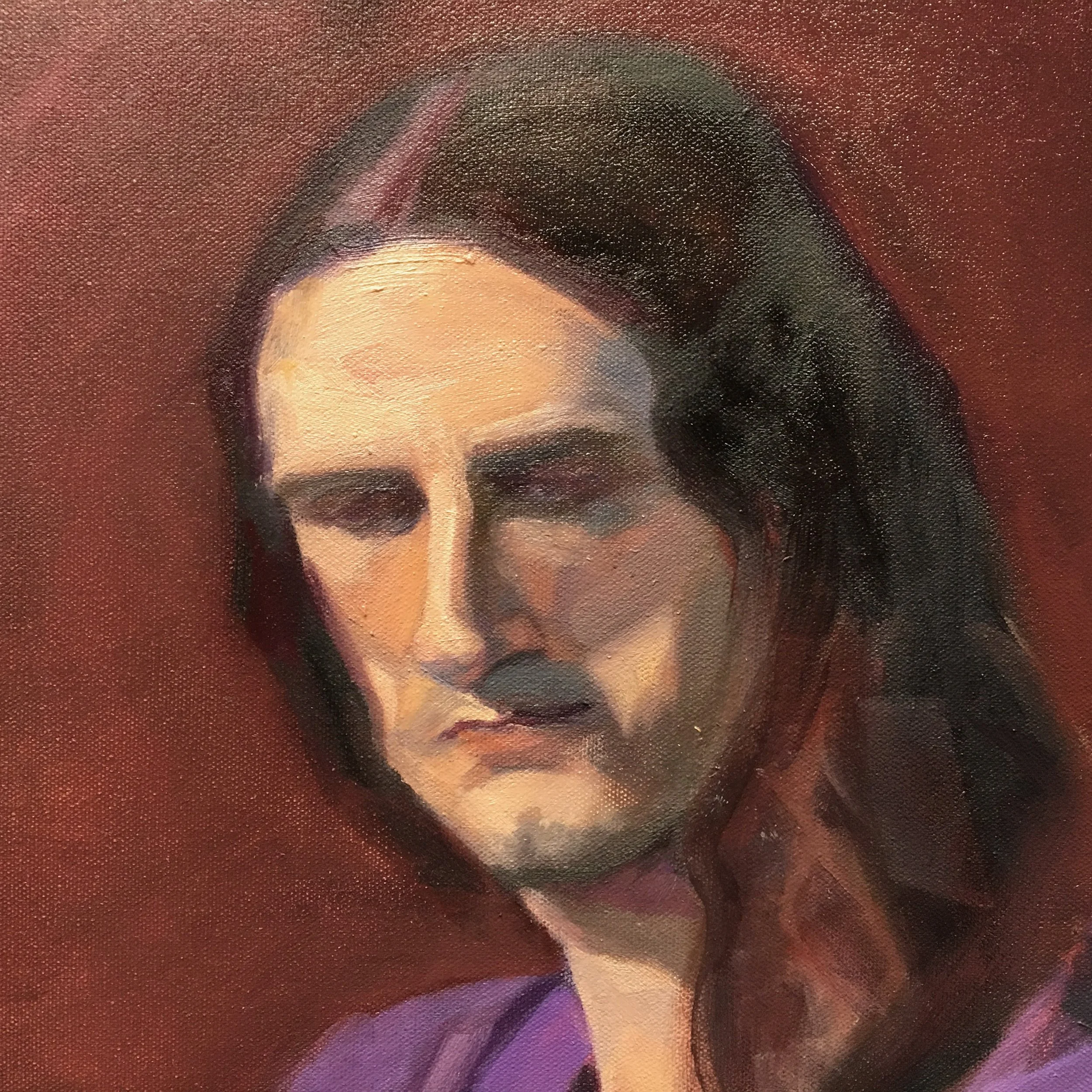 A portrait painting of a man with closed eyes, dark hair, and a serious expression, set against a reddish-brown background.