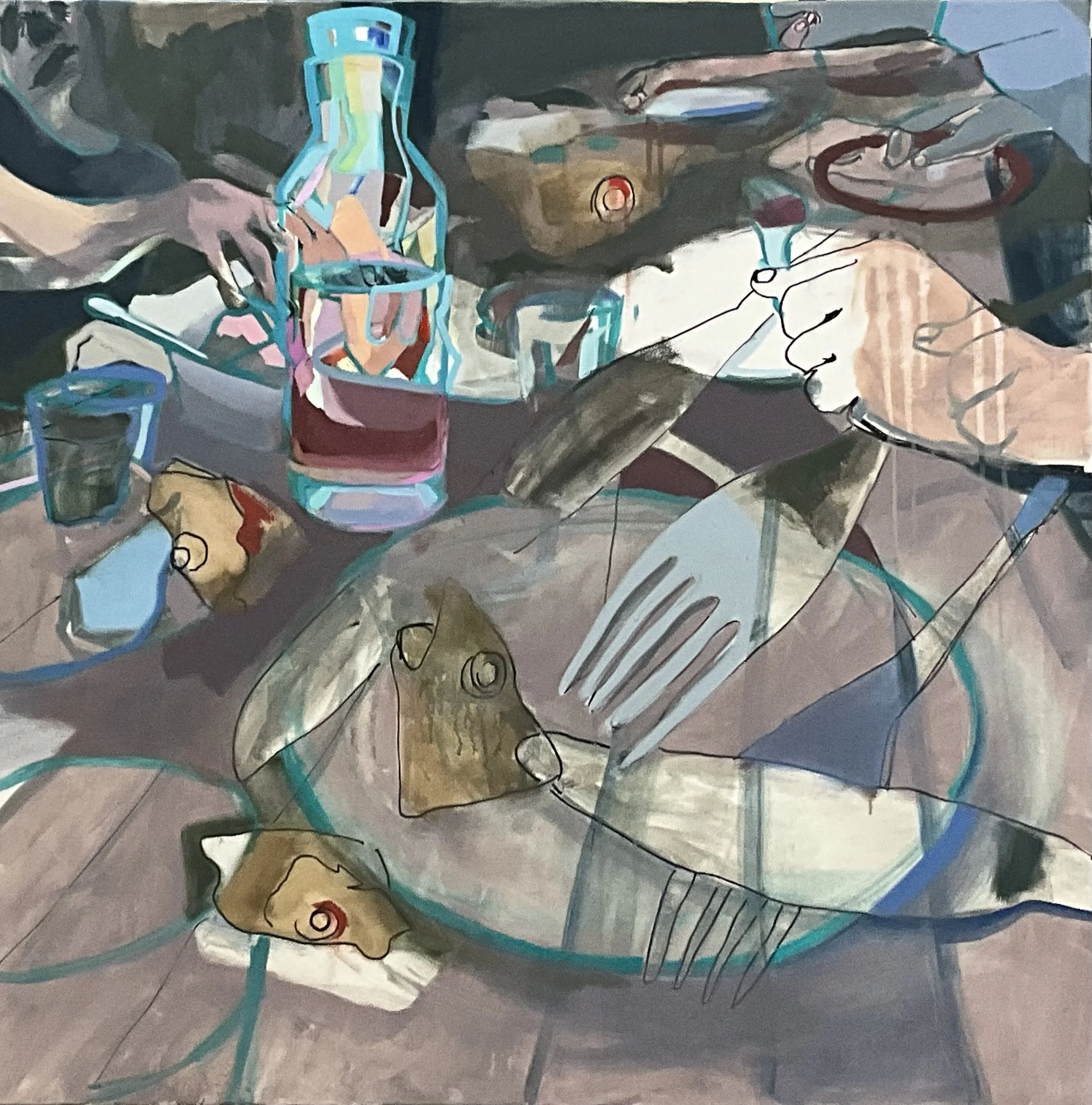 Abstract painting of a table setting with plates, glasses, a bottle, and cutlery. The scene includes outline drawings of hands holding a fork and a spoon, fish heads and other objects and shapes layered in muted colors.
