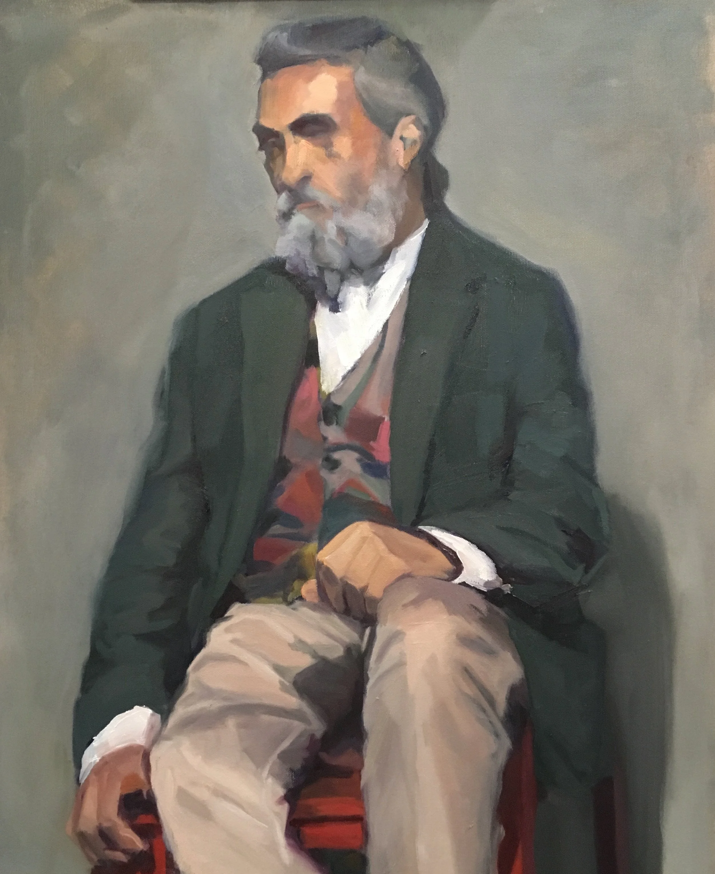 A painting of an elderly man with gray hair and a beard, dressed in a dark blazer, white shirt, and patterned vest, seated on a chair against a plain background.