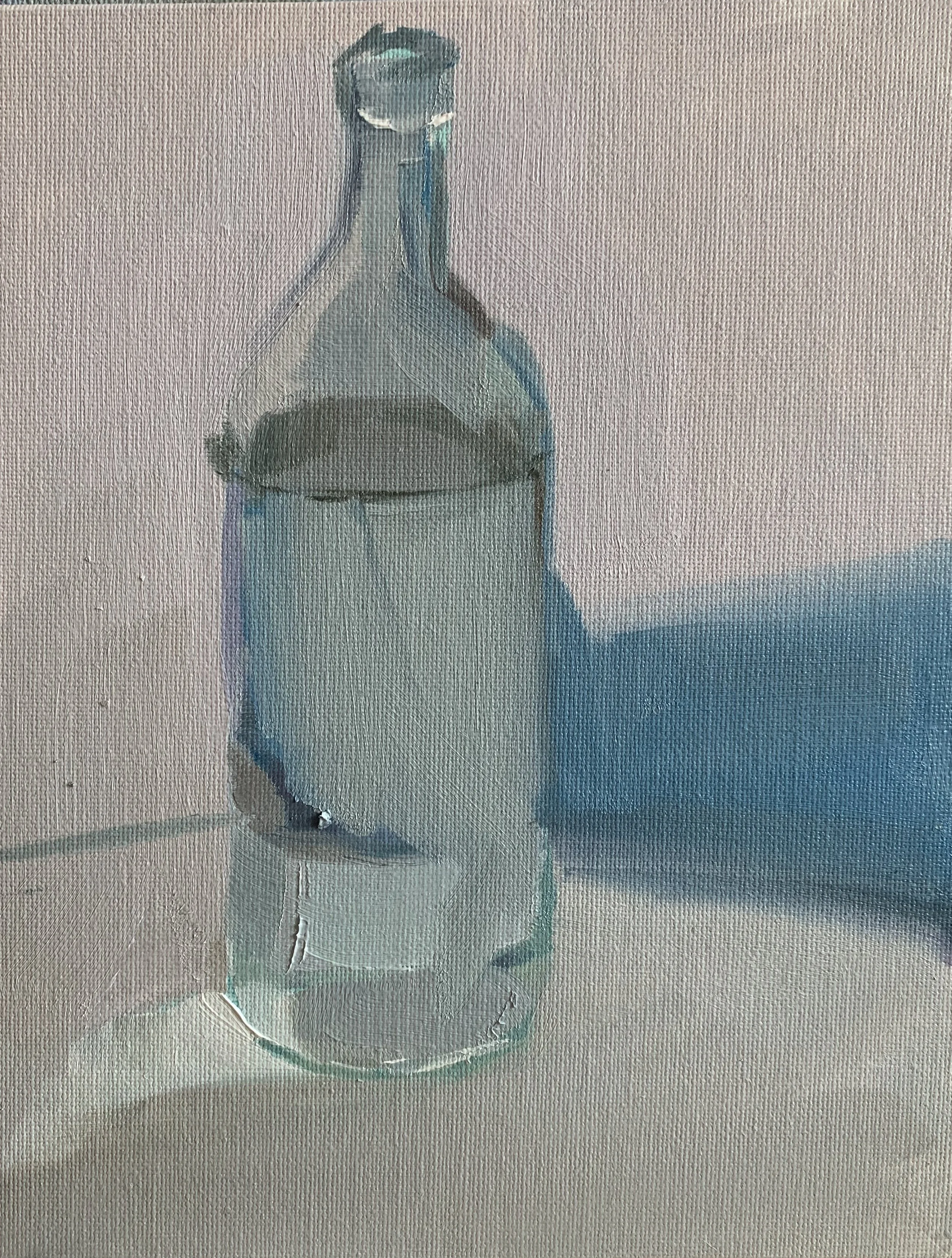 Still life painting of a clear glass bottle on a white surface with a textured beige background, casting a blue shadow.
