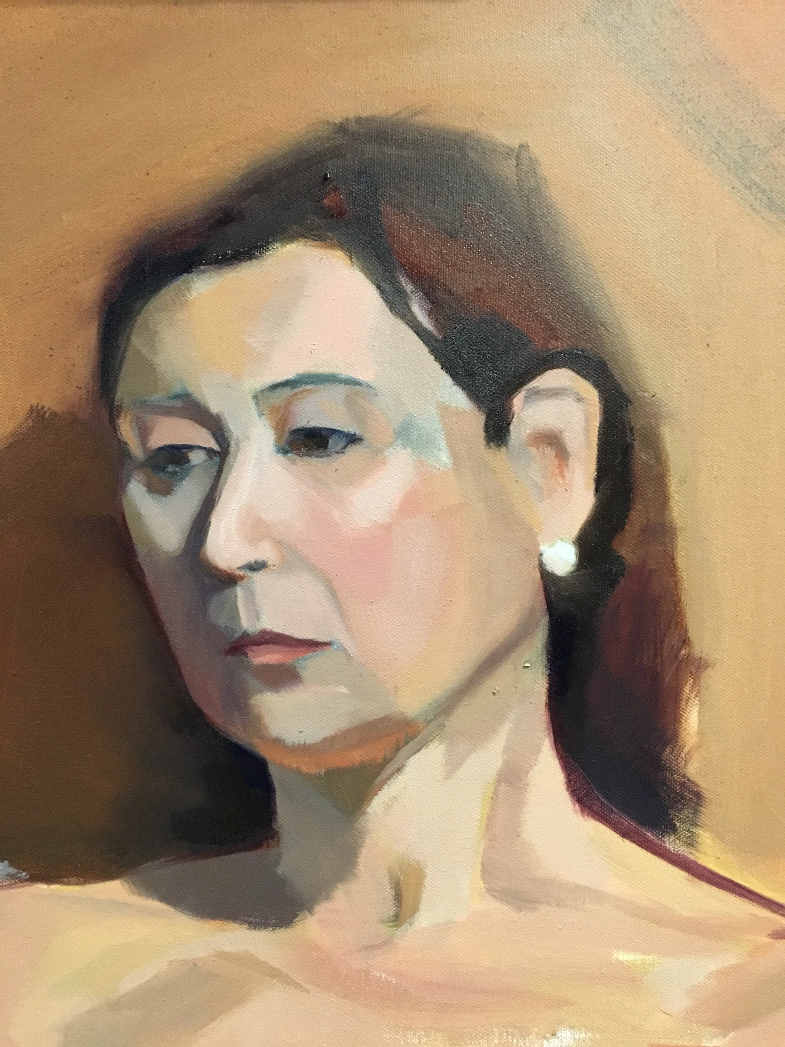 A painted portrait of a woman with dark hair, wearing earrings, with her head slightly turned to the side against a beige background.