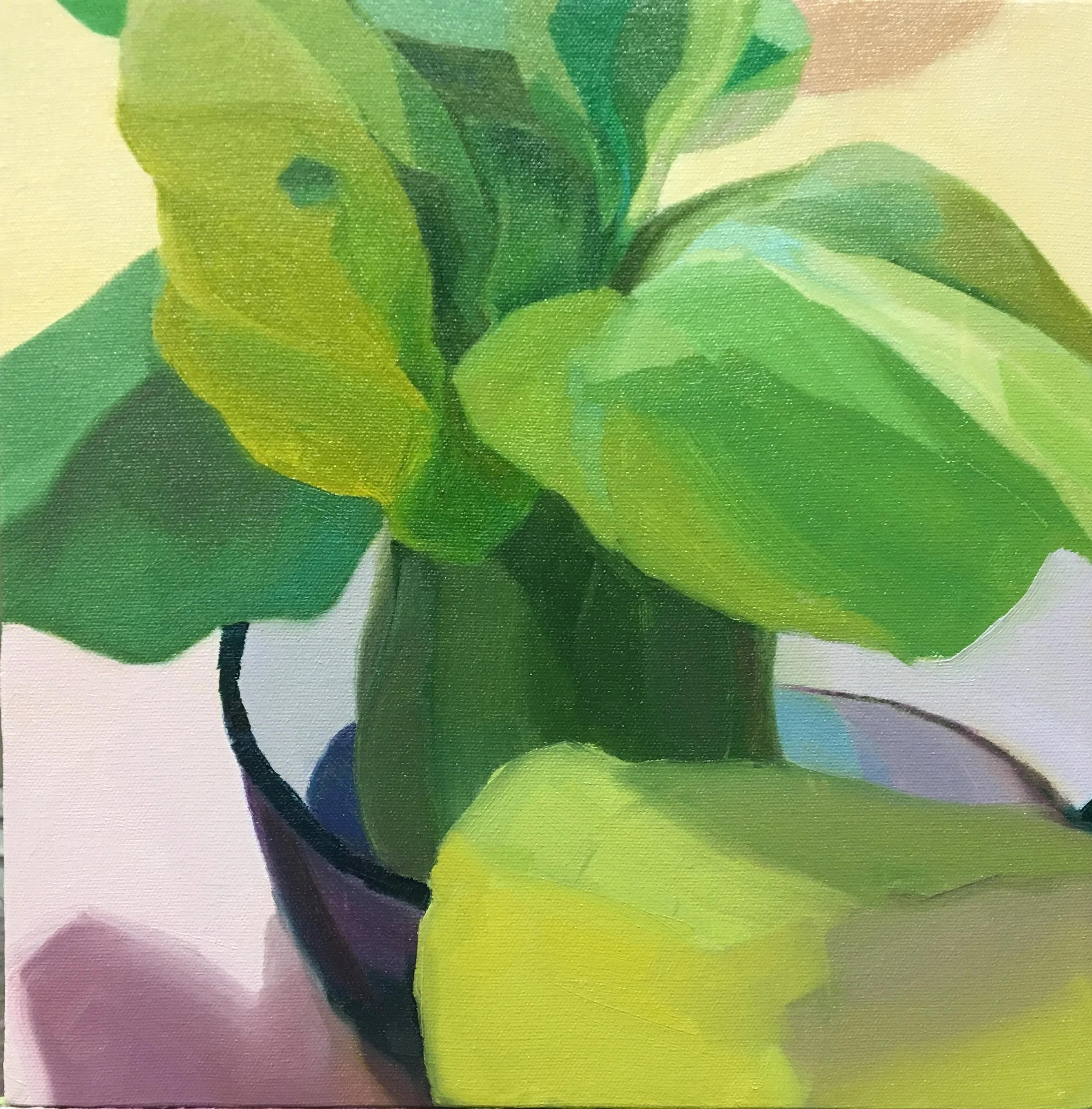 Crisp painting of a leafy green bok choi in a blue glass on a table.