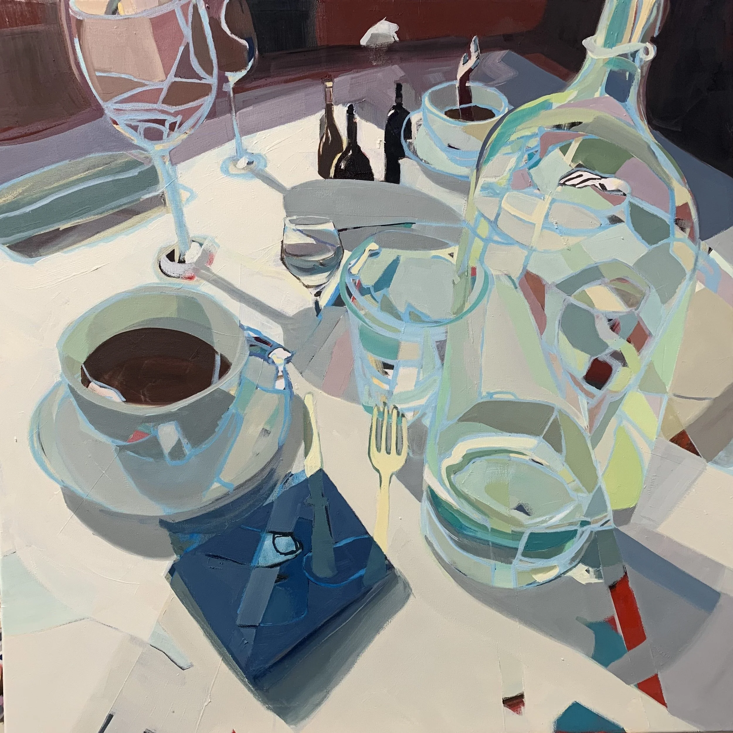 A still life painting -combined with a background drawing of people interacting- of a table setting with various glassware, a kaleidoscope fragmented bottle, cup of coffee, wine glasses, with shadows cast on the table.